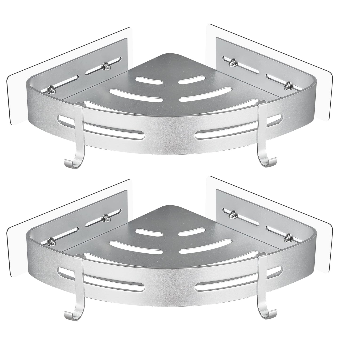 GRICOL Corner Shower Shelf No Drilling Metal with 2 Hooks for Shower Holder Rust Proof Self Adhesive Bathroom Items (Silver)
