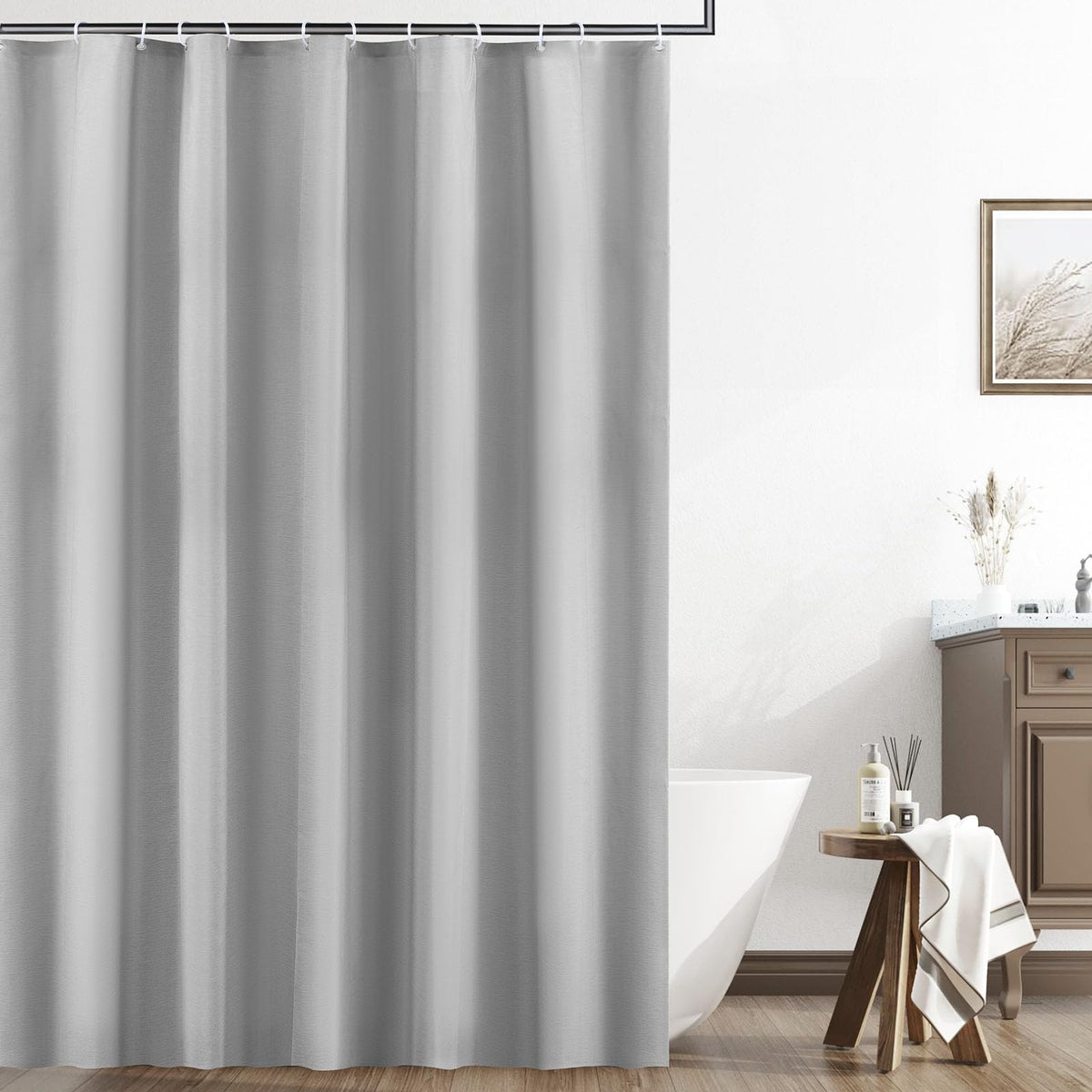 EZESO Grey Thick Linen Shower Curtain,230GSM Weighted Textured Fabric Polyester Cloth Shower Curtain for Bathroom,Waterproof Washable Decorative