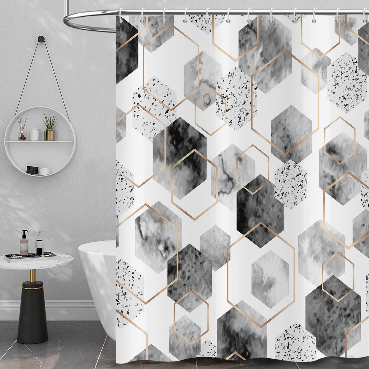 Hnmdmyi Grey Shower Curtain 180x200, Abstract Geometric Modern Grid Pattern Minimalist Bathroom Curtains with Hooks Waterproof Polyester Fabric