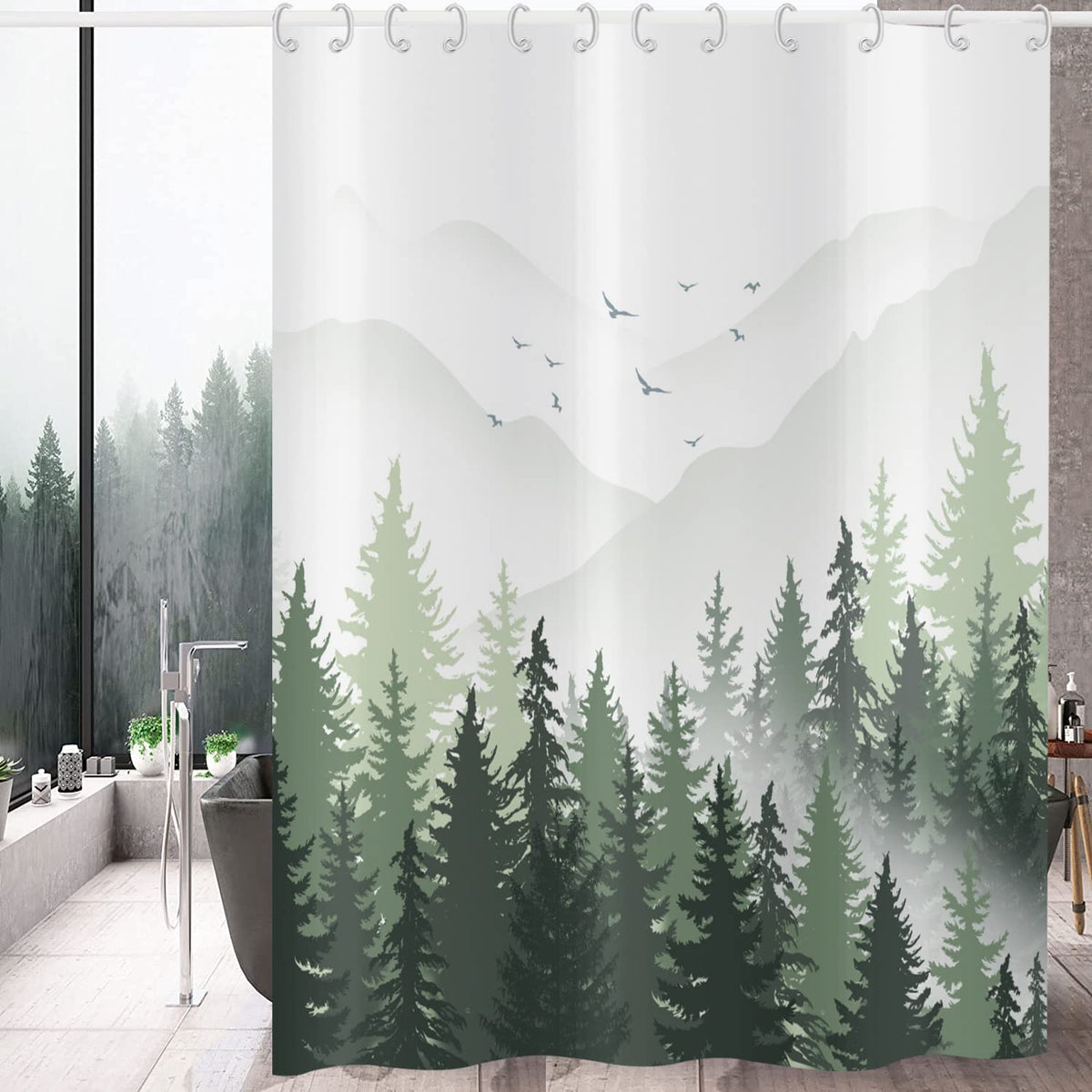 Hnmdmyi Green Shower Curtain 180x200, Misty Forest Mountain Nature Tree Plant Woodland Decorative Bathroom Curtains with Hooks Waterproof Polyester