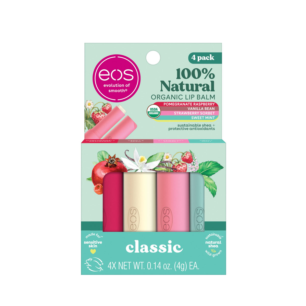 EOS 100% Natural & Organic Lip Balm Sticks, Variety Pack- Strawberry Sorbet, Pomegranate Raspberry, Sweet Mint & Vanilla Bean, 4g, 4-Pack, Clear, 1