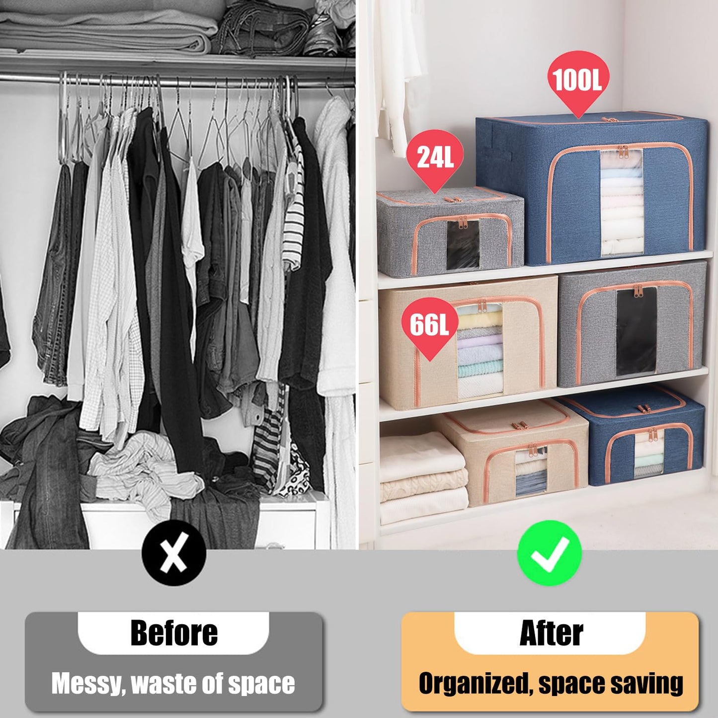 KXF Clothes Wardrobe Storage Organiser Boxes 3 Packs Waterproof Stackable Foldable Oxford Cloth Steel Frame Closet Clothing Storage Bag Clear Window