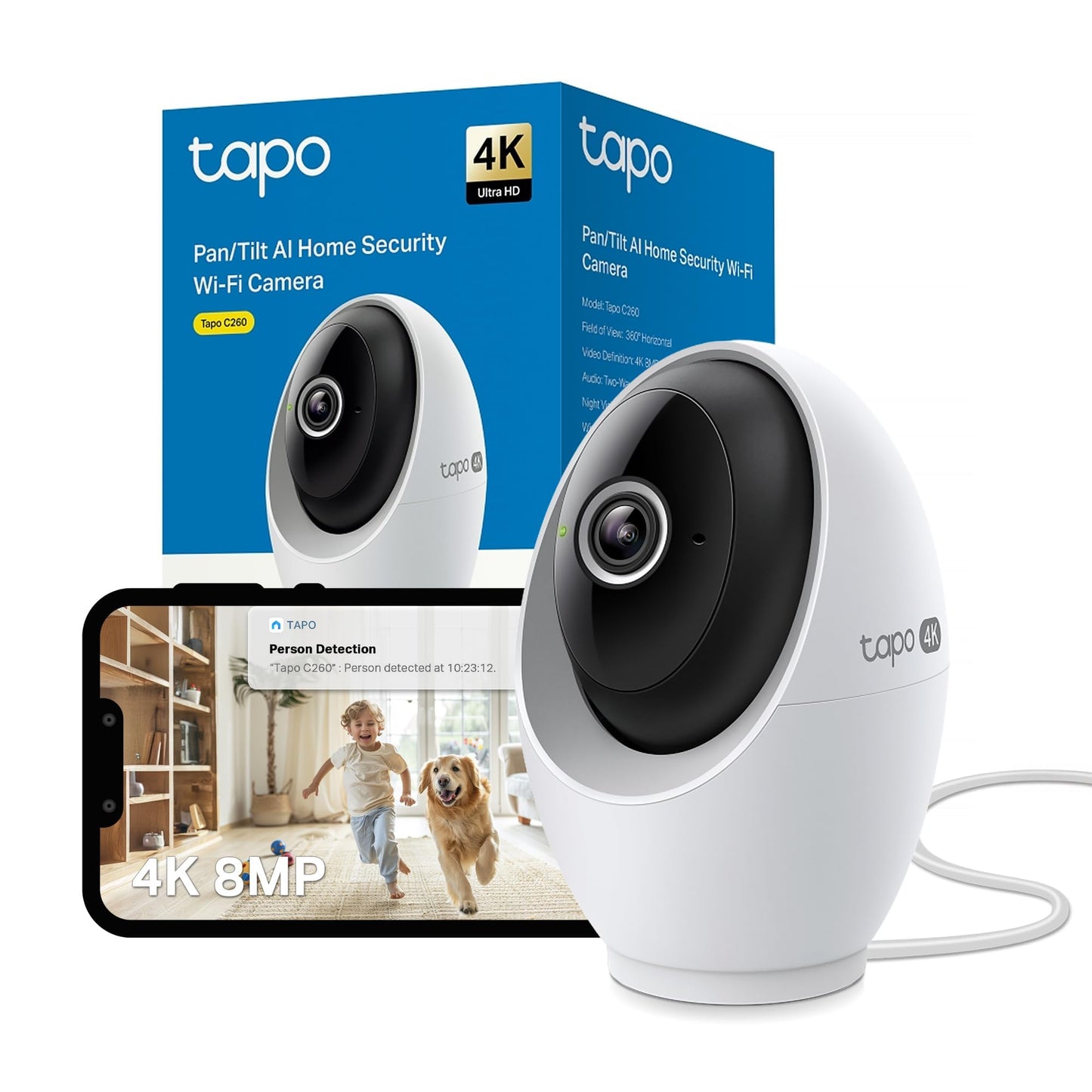 Tapo C260 4K 8MP WiFi Home Security Camera, 18x Digital Zoom, Face Recognition, Smart AI Detection, Indoor CCTV Camera, Night Vision, Wide Range