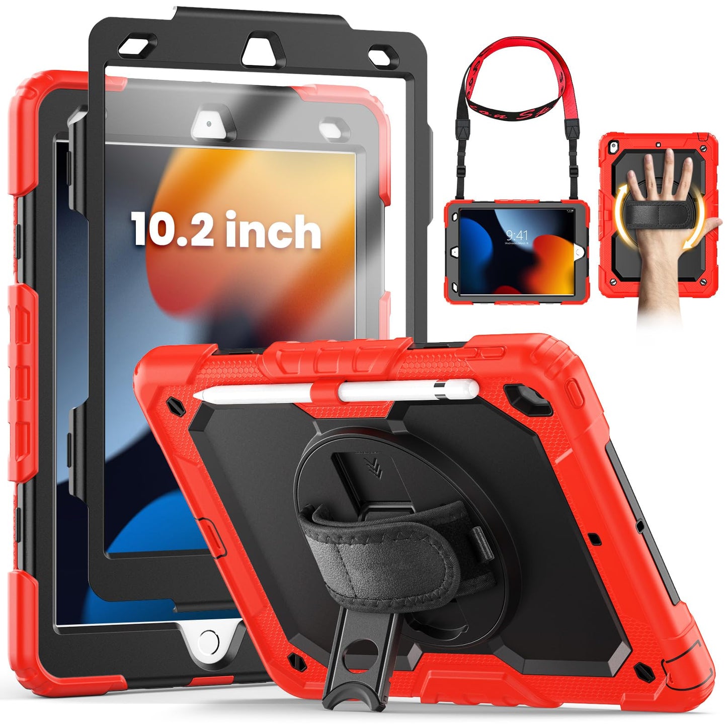 SEYMCY for iPad 9th/8th/7th Generation Case 10.2 inch, Shockproof Sturdy Cover with 360? Rotating Hand Strap & Stand, Screen Protector, Shoulder