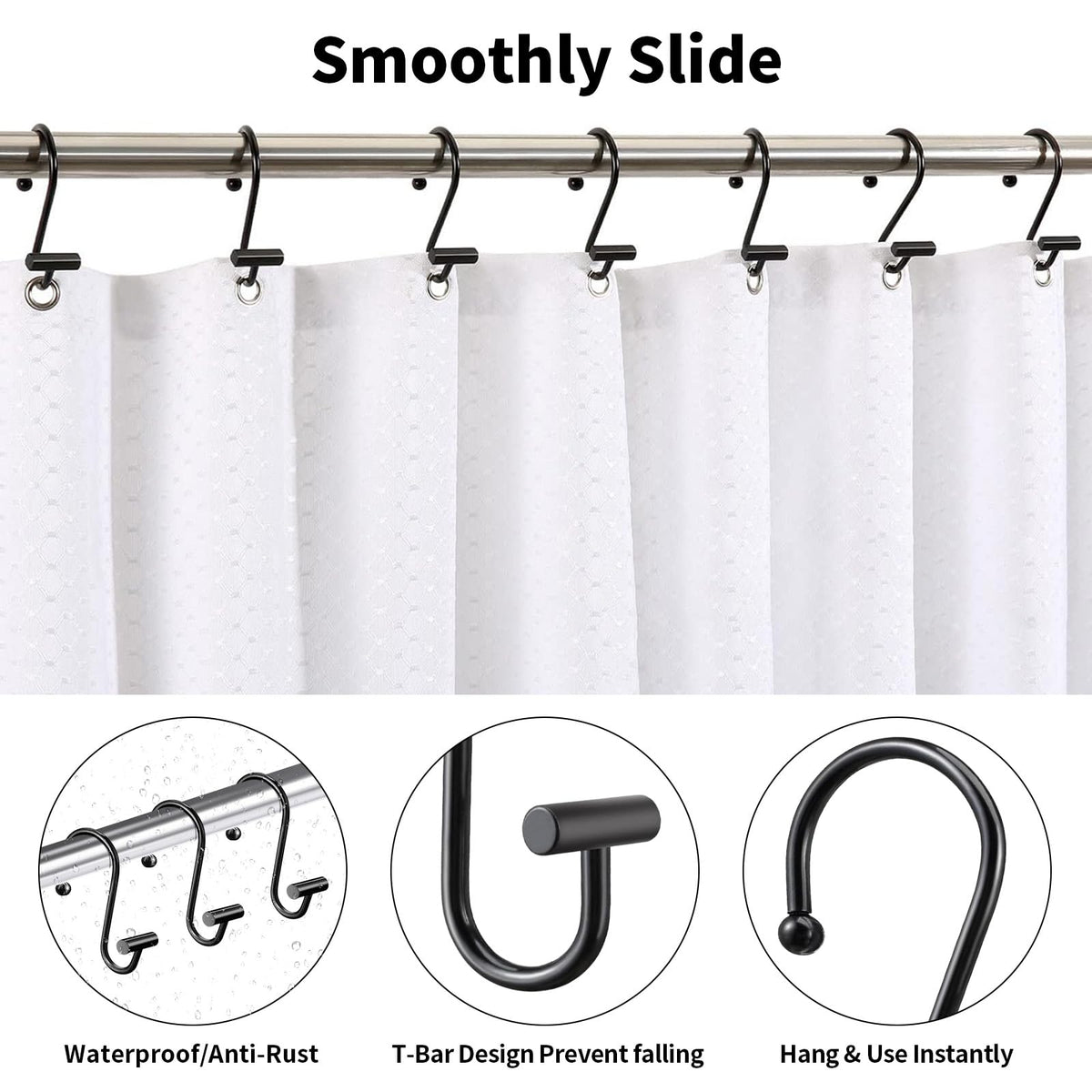 AURIVISTA 12 Pack Shower Curtain Hooks, Rust Proof T-Bar Rings, Black