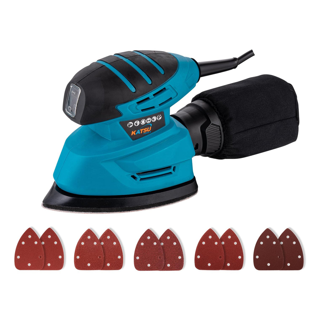 KATSU Tools Electric Detail Sander, 130W Palm Sander for Wood with Dust Collection and 10 PCs Sanding Pads, for Home Decoration DIY Furniture