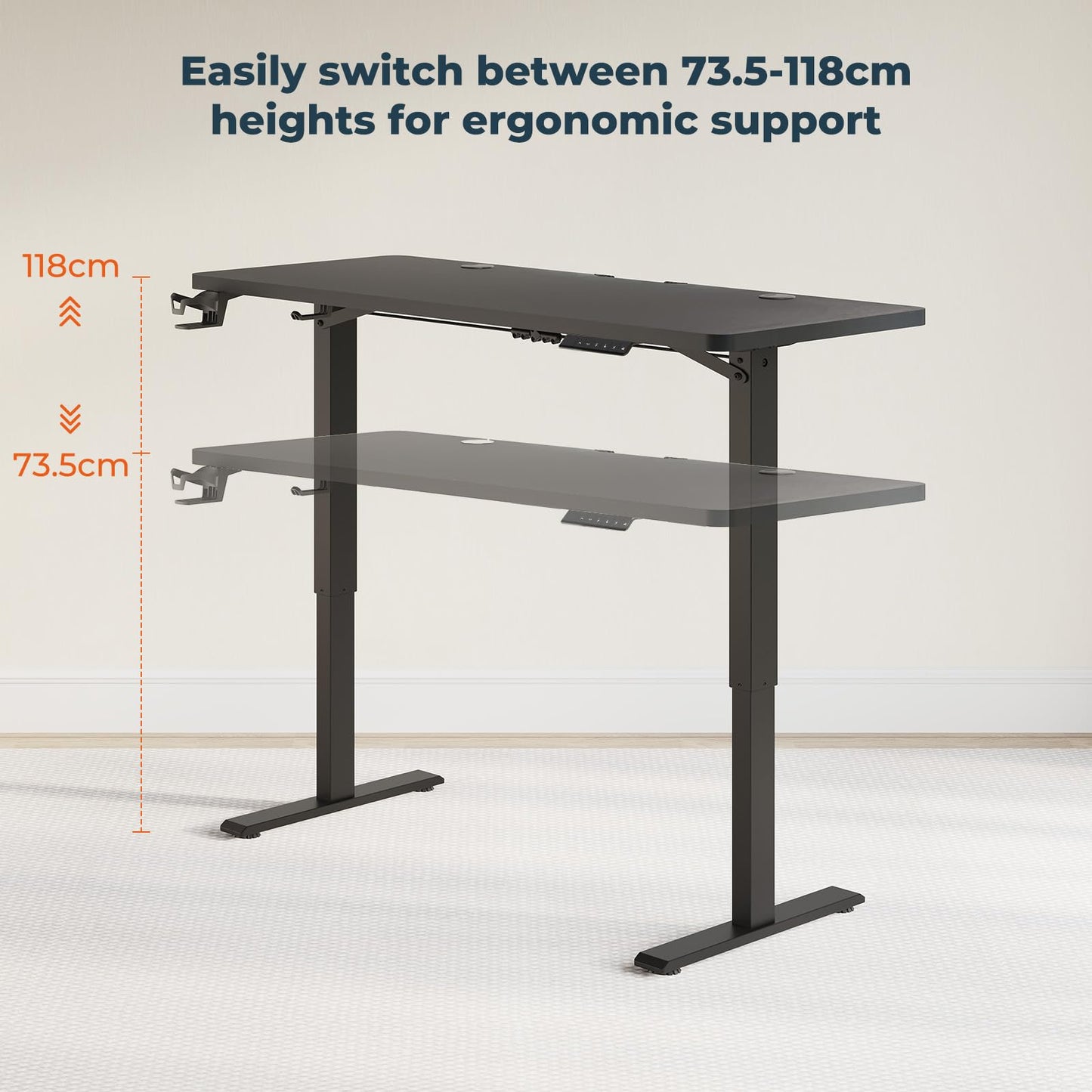 FitStand 140x60cm Electric Height Adjustable Standing Desk, Sit Stand Desk, Computer Desk With Hooks, Cupholder, Memory Function