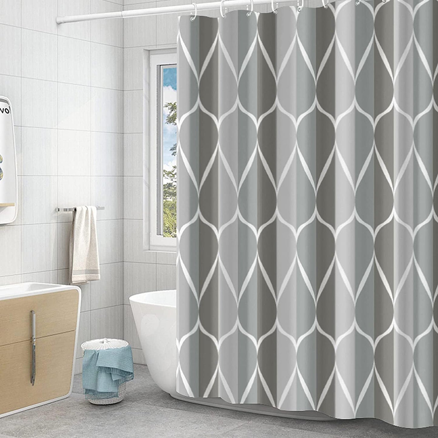 GERUIKE Grey Shower Curtain 180 x 180 cm - Weighted Shower Curtains Mould Proof Resistant, Machine Washable Bath Curtain with 12 Shower Curtain Rings,