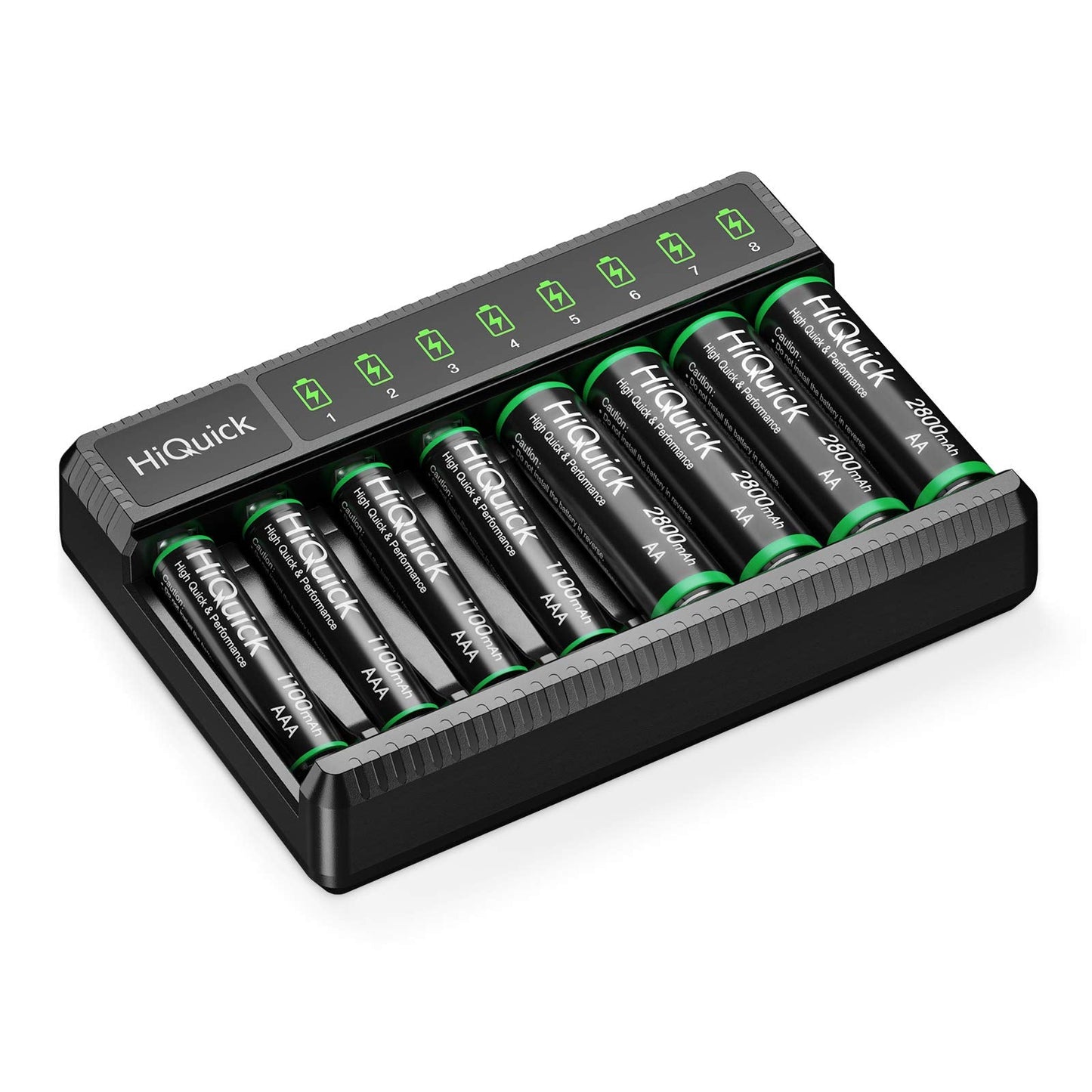 HiQuick 8 Slot AA AAA Battery Charger with 4 AA and 4 AAA NI-MH Rechargeable Batteries- Individual Battery Charger with Type C Input 5V 2A Fast