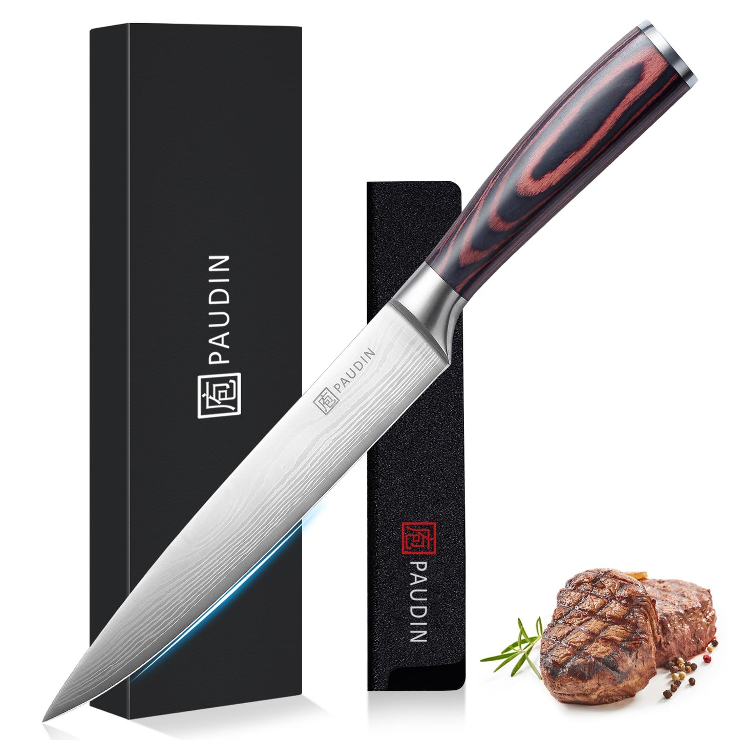 PAUDIN Carving Knife, Kitchen Knife 8 Inch, German High Carbon Stainless Steel Forged Sushi Knife with Wooden Handle, Ideal for Home Restaurant &