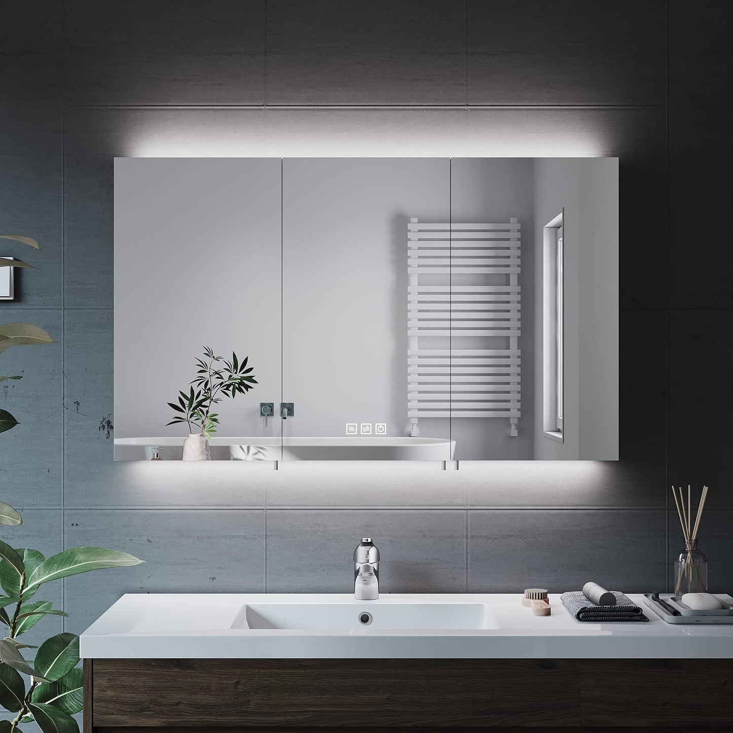 ELEGANT Triple Door Bathroom Cabinet with Shaver Socket Wall Mounted Stainless Steel Bathroom Mirror Cabinet with Three-color Infinitely Dimmable and