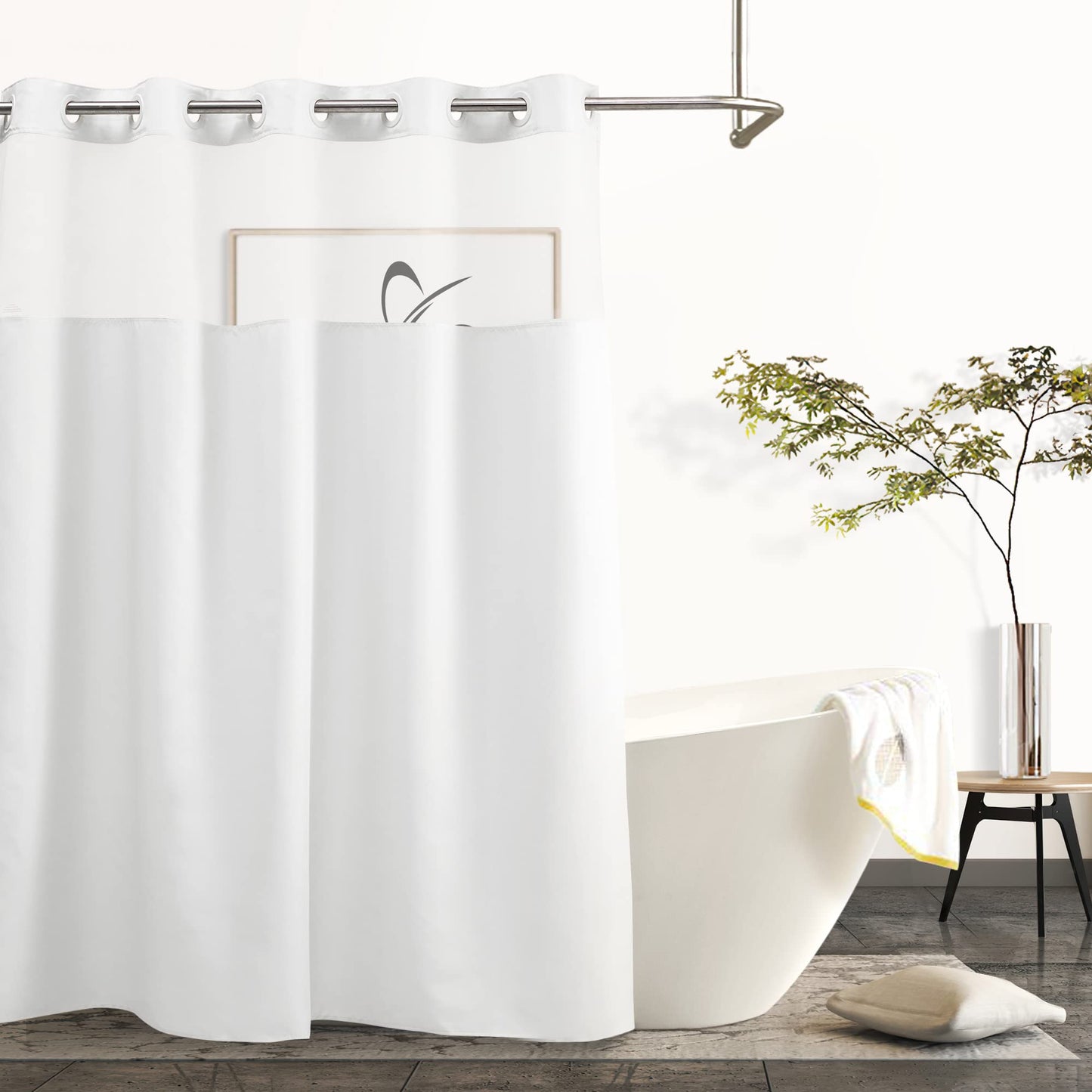 Modern Hotel Grade No Hooks Needed Shower Curtain or Liner (White Plain+Window, Standard(71W x 74L))