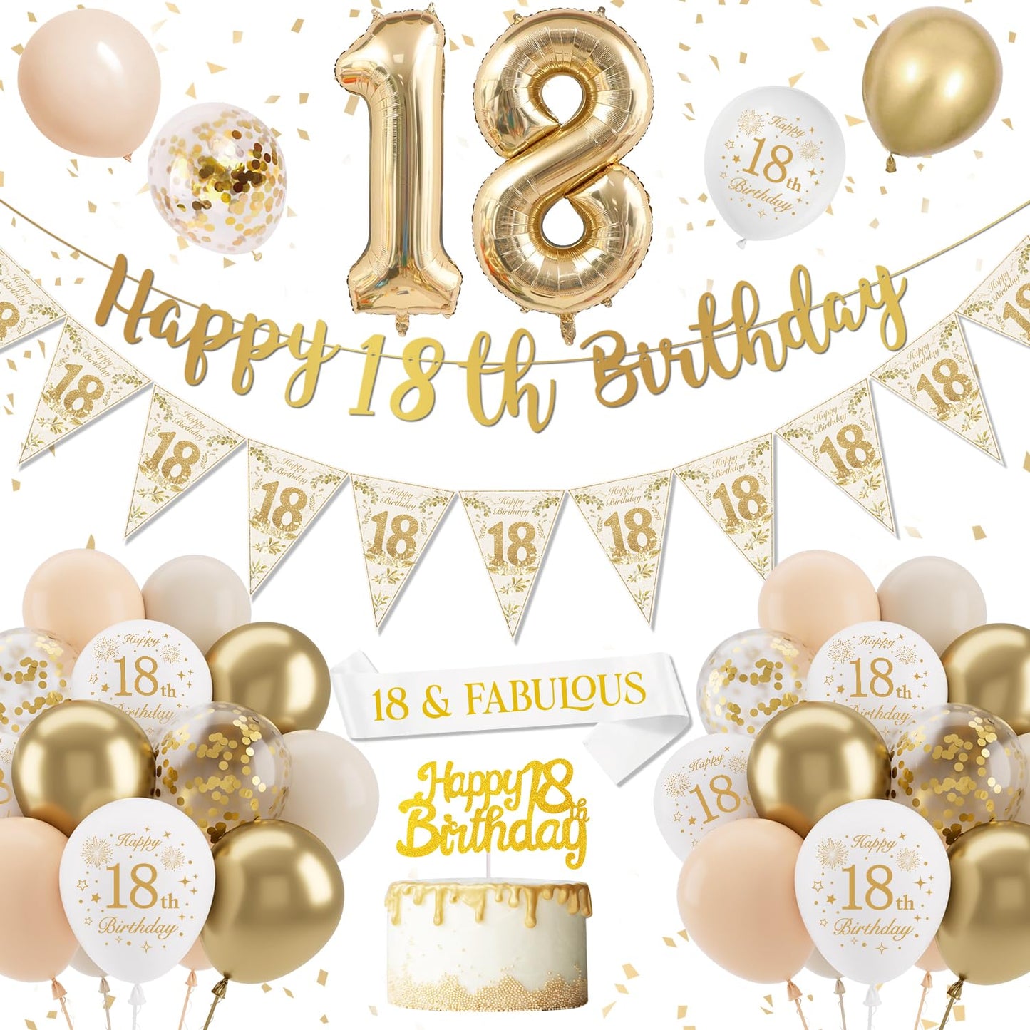 18th Birthday Decoration Girls, Gold Happy 18th Birthday Banner, Sand White Birthday Balloons, 18th Birthday Balloons, Confetti Latex Balloons Cake