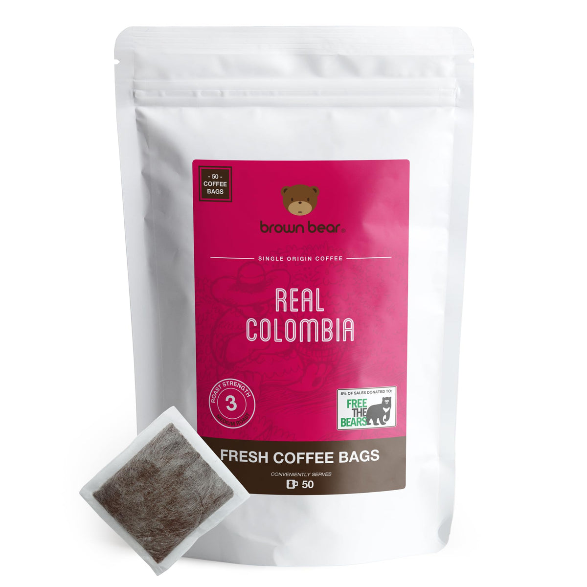 Colombian Coffee Bags - Pack of 50 - Medium Roast - Brown Bear Real Colombia - Strength 3 - Donation to Free The Bears - Individual Arabica Ground