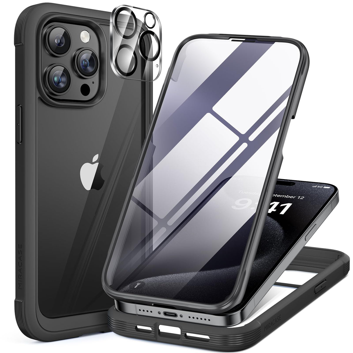 Miracase Glass Case for iPhone 15 Pro Case 6.1-Inch, Full Body Bumper Clear Back Cover and Built-in 9H Tempered Glass Screen Protector + Camera Lens