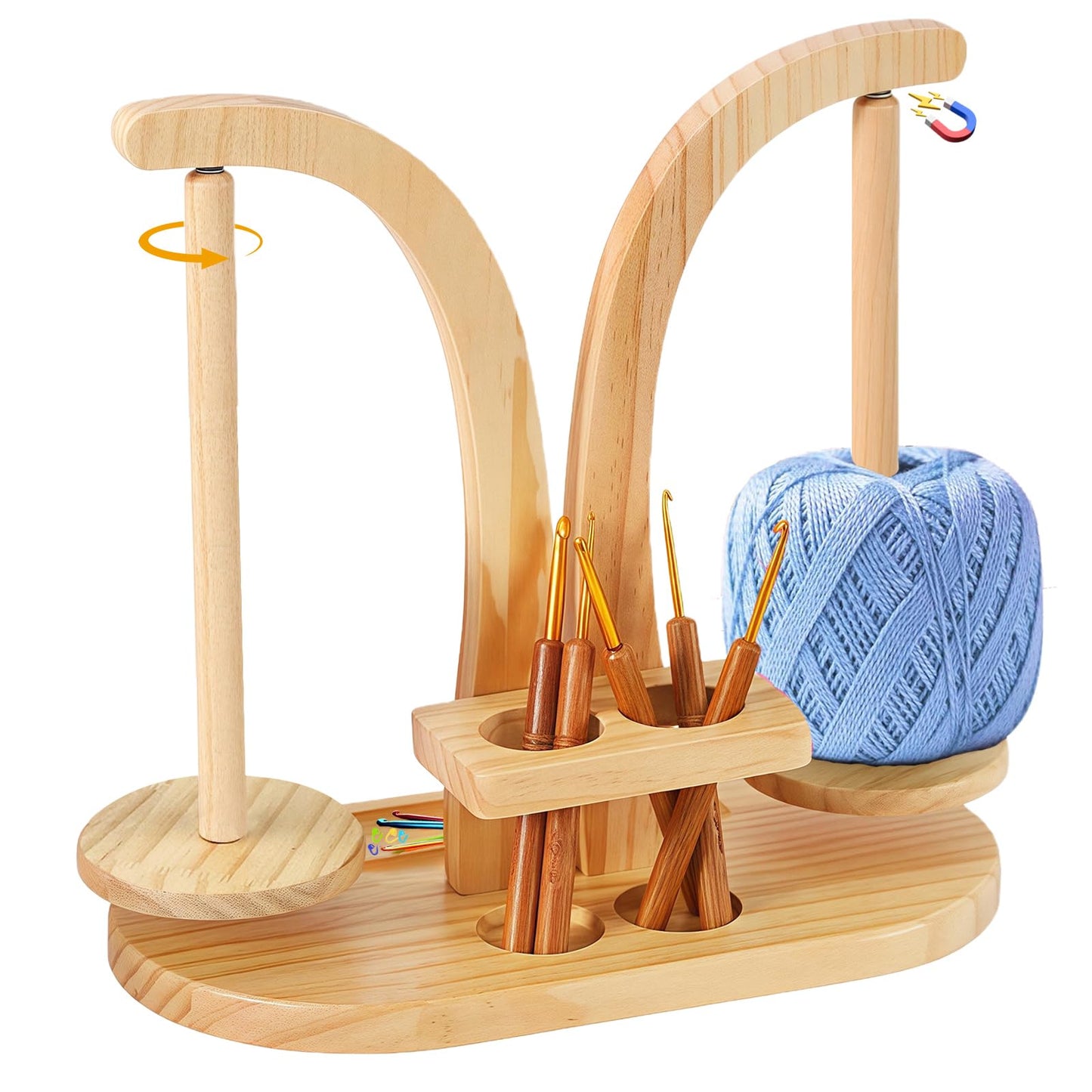 Yarn Holder, Magnetic Wool Holder, Wooden Yarn Spinner, Double Yarn Ball Holder Stand, Detachable Yarns Spinner with Crochet Accessories Storage,