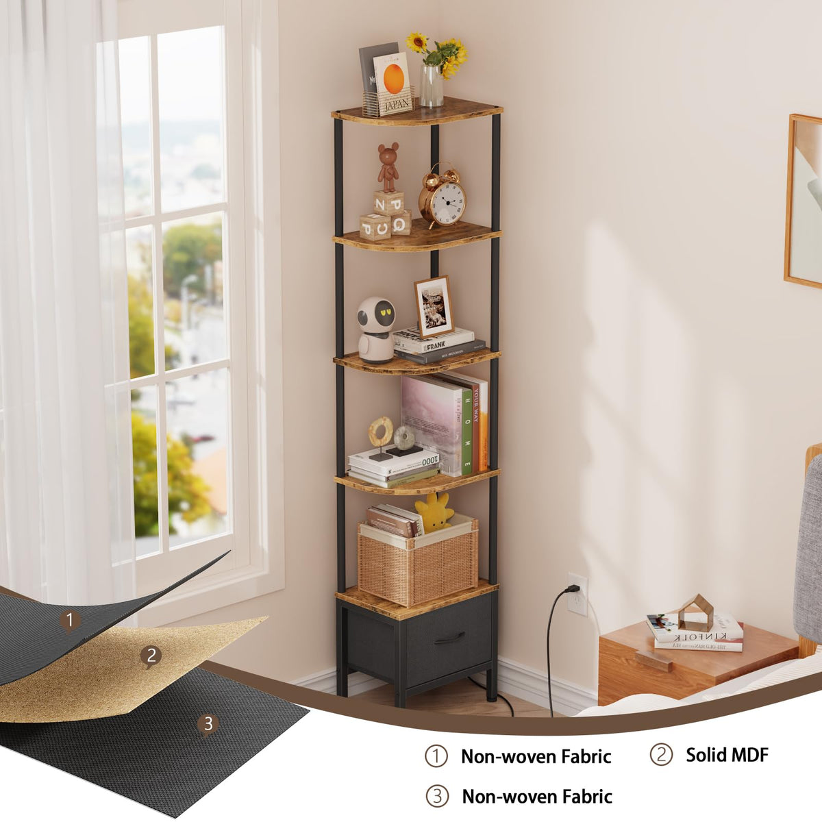 OYRREU 5-Tier Corner Shelf with LED Light & Fabric Drawer, Retro Brown