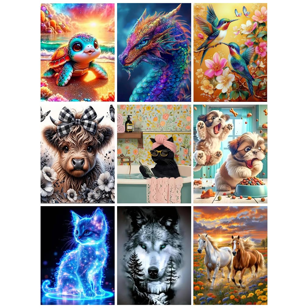 BEAYIOU 9 Pack Animals Diamond Art Painting Kits for Adults,Diamond Painting Kits for Beginners,Dragon Cow Cat 5D Round Full Drill Gem Art for Home