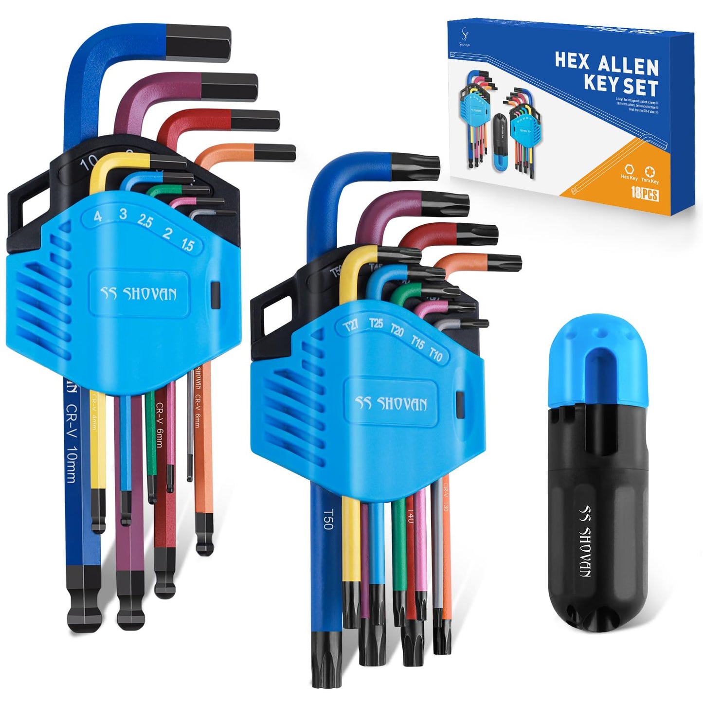 ss shovan 18PCS Allen Key Set, Metric Ball End Hex Key Set and Torx/Star Key Set (with T-Handle), Sizes 1.5mm-10mm & T10-T50, Alan Keys Sets for