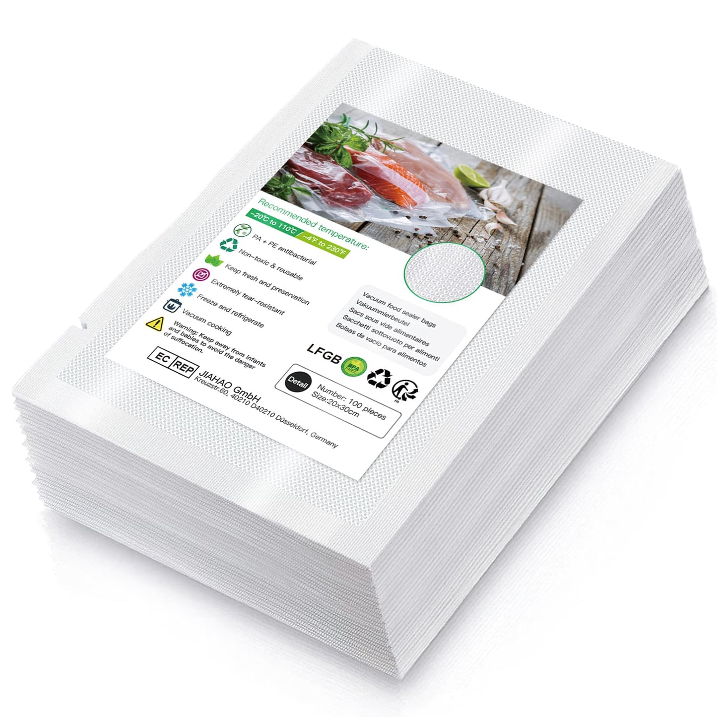 Vacuum Food Sealer Bags 20x30cm 100 Bags Commercial Grade Textured Food Vacuum Sealer Bag Thick Embossed Bags Upgrade Design Pre-Cut Bag BPA Free for