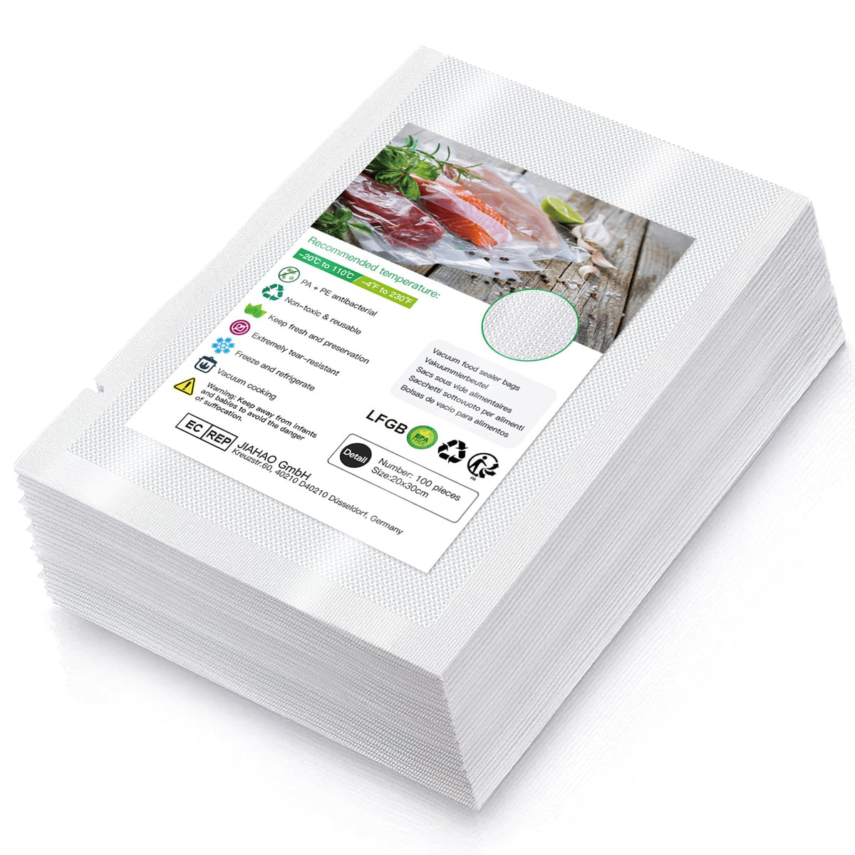 Vacuum Food Sealer Bags 20x30cm 100 Bags Commercial Grade Textured Food Vacuum Sealer Bag Thick Embossed Bags Upgrade Design Pre-Cut Bag BPA Free for