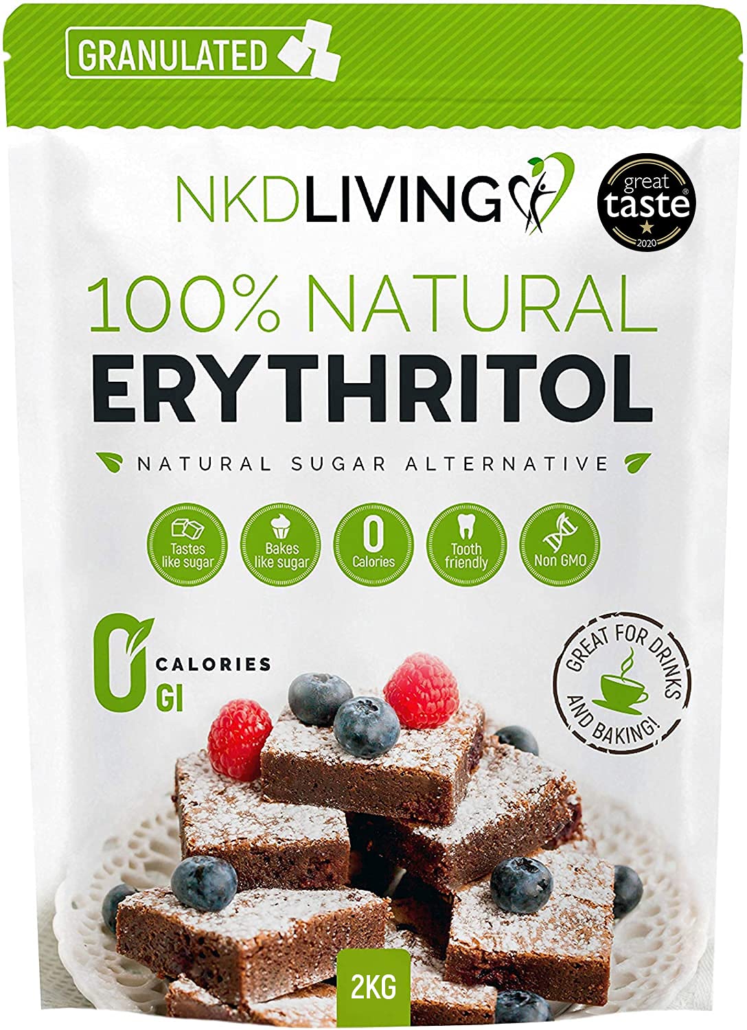 NKDLIVING 100% Natural Erythritol 2 Kg | Granulated Zero Calorie Sugar Replacement