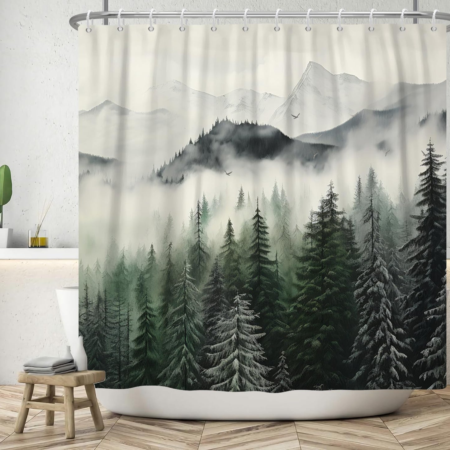 ASDCXZ Forest Shower Curtain 180x180 cm, Natural Landscape Green Fog Forest Jungle Snowberg Birds Bath Washable Shower Curtains Polyester Textile