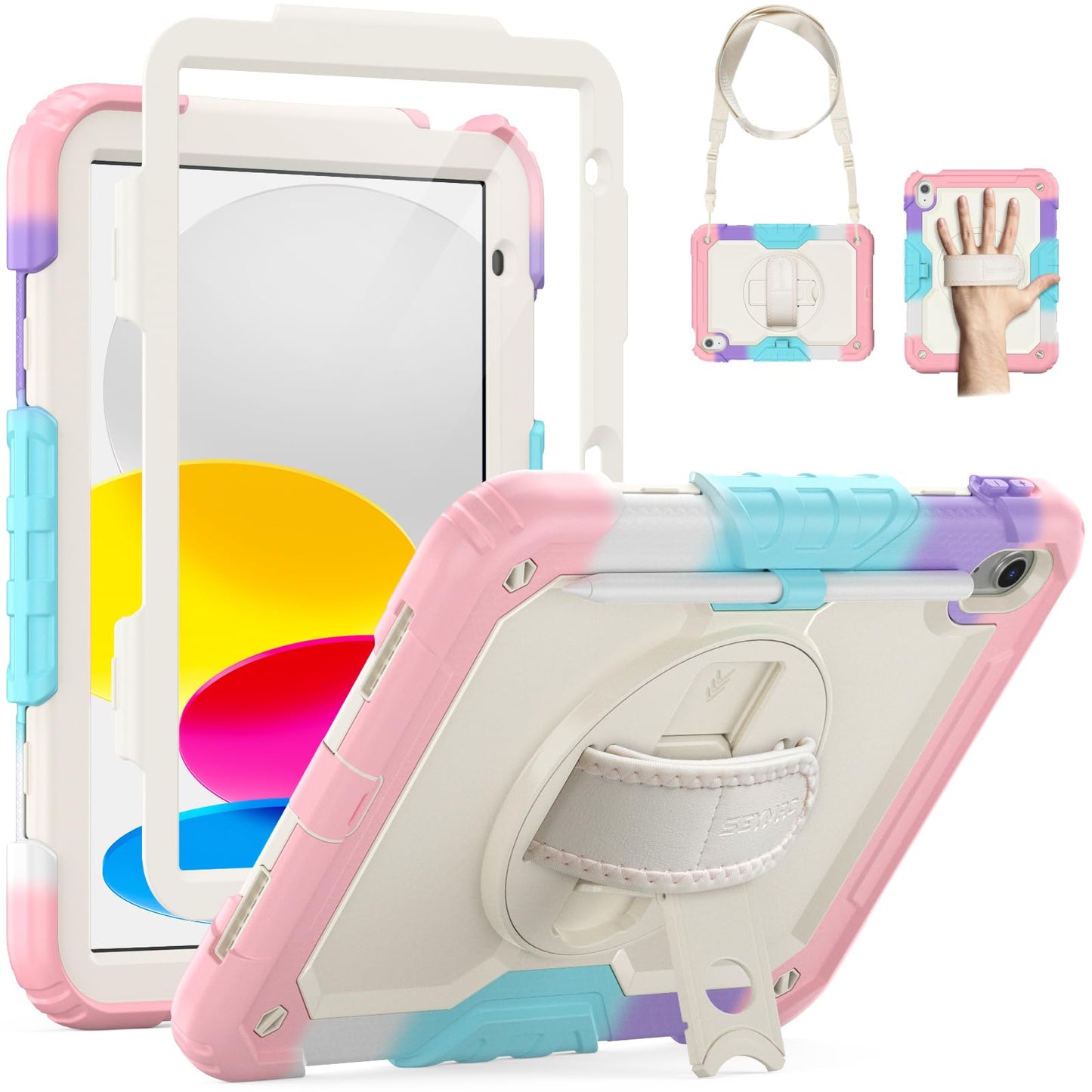 SEYMAC Kids Case for iPad A16 11th/10th Generation 2025/2022 11inch/10.9inch, Heavy Duty Shockproof with Screen Protector, 360? Rotating Stand/Hand