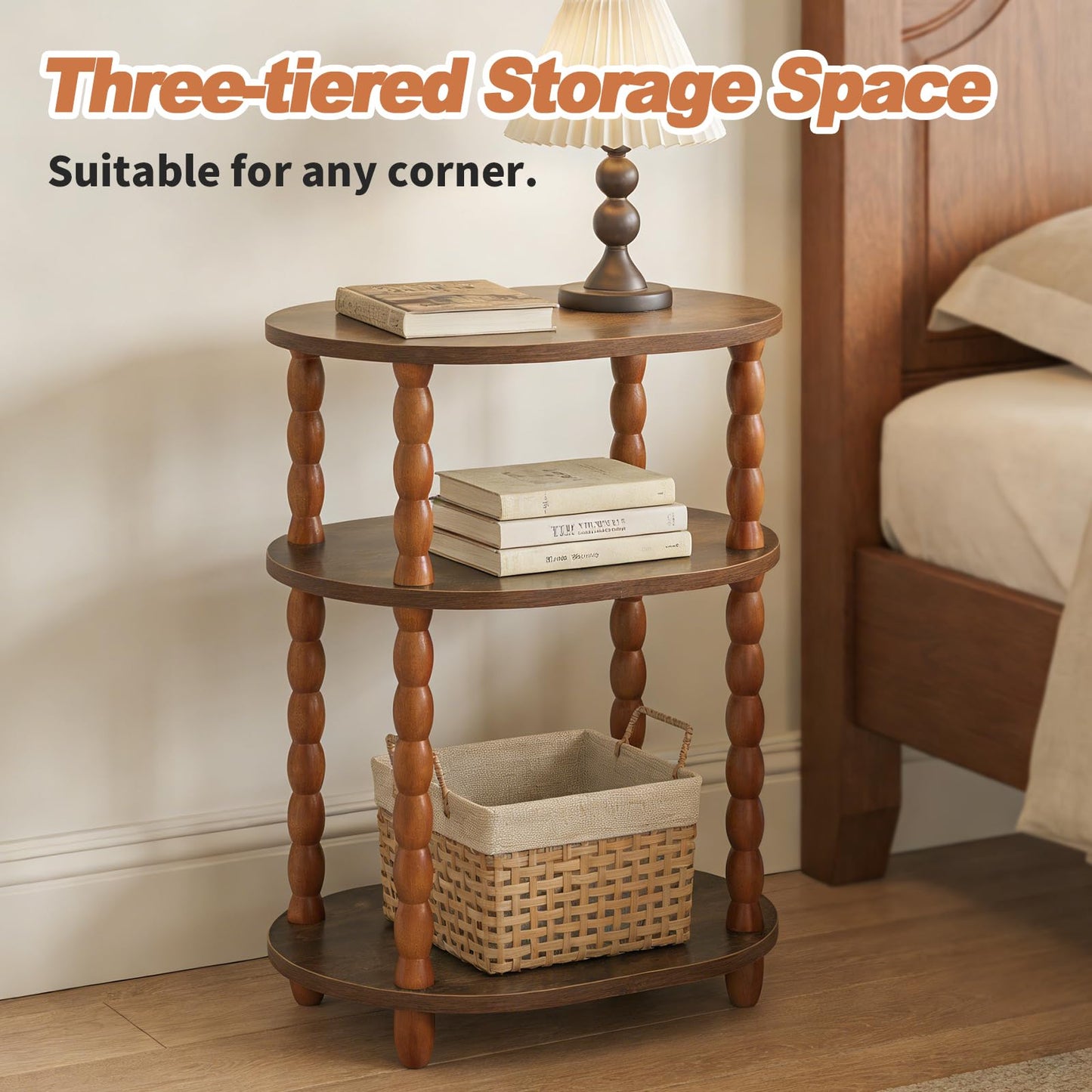 Wooden Side Table,3-Tier Small End Table with Storage Shelf, Vintage Retro furniture Bedside Coffee oval Table Night Stand for Living Room, Bedroom