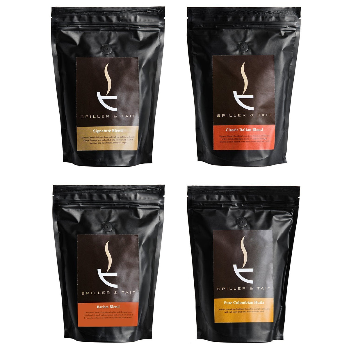Spiller & Tait Coffee Beans Gift Set |Signature Blend, Barista Blend, Pure Colombian Huila & Classic Italian | Ground Coffee Beans | Taster Pack 4 x