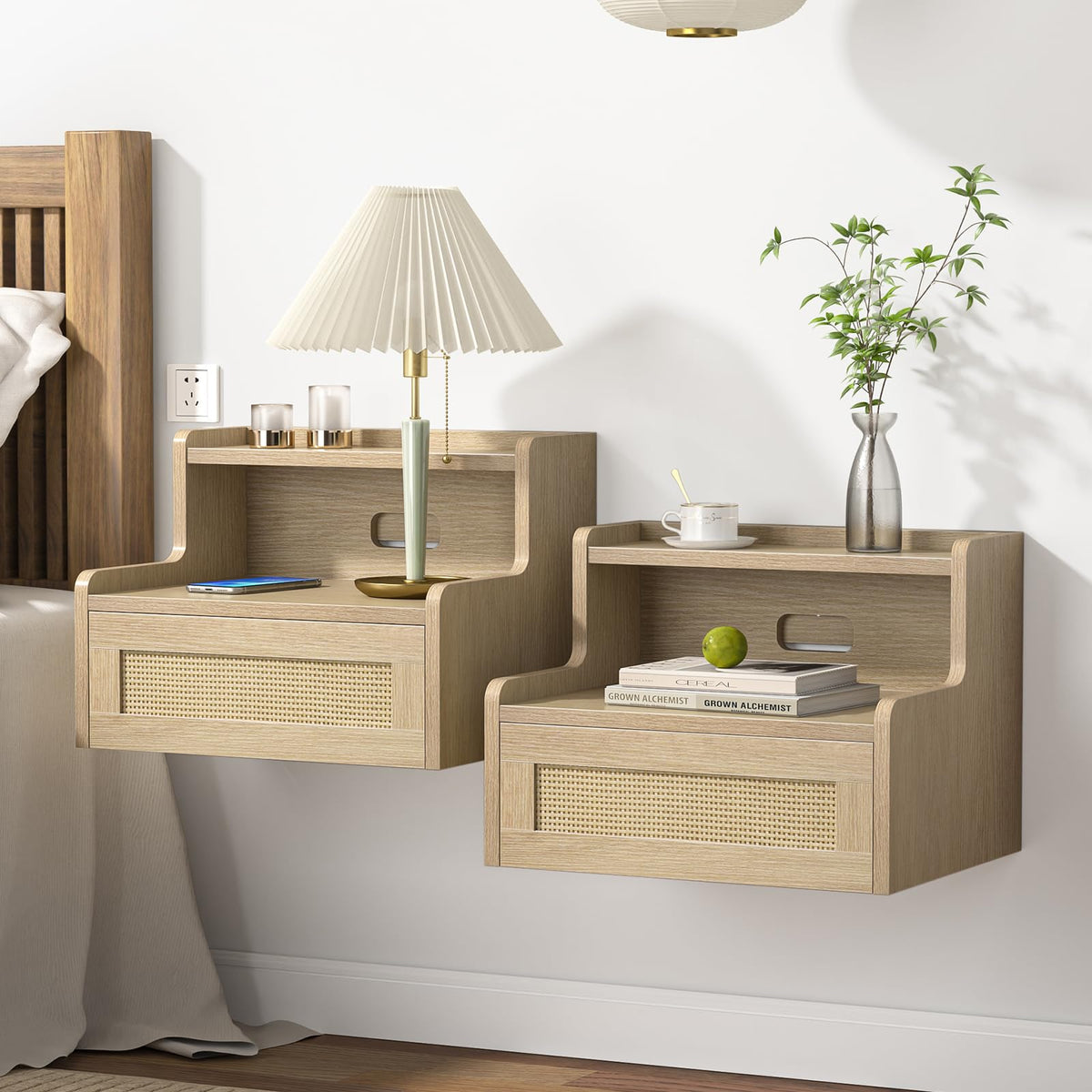 Skokliz Set of 2 Floating Bedside Tables - Wall-Mounted Nightstand with Rattan Drawer & Open Shelf, Modern Storage for Bedroom, Living Room,