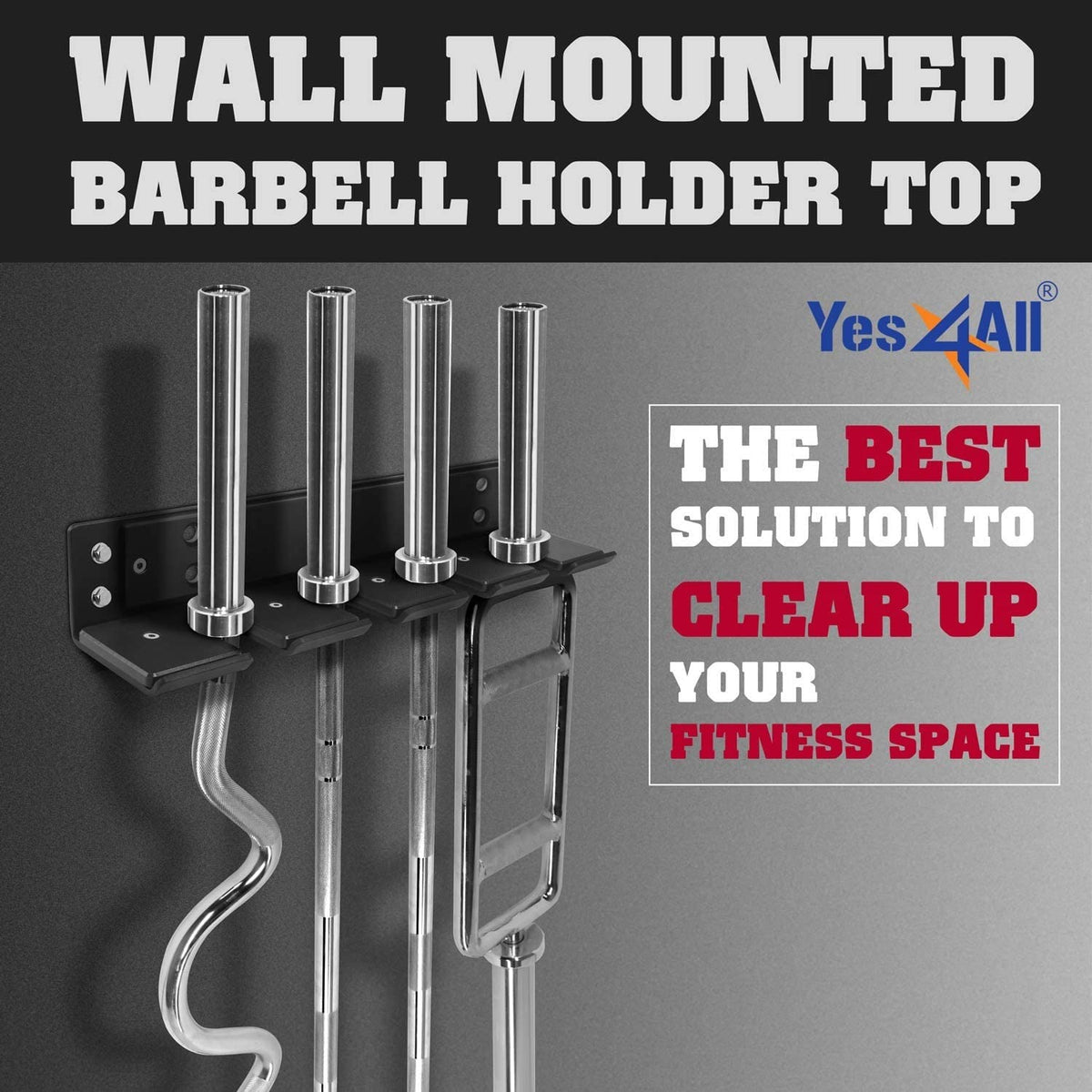 Yes4All Vertical Wall Mounted Olympic Barbell Holder for 4 Bars - Barbell Storage Rack Hanger for Home Gym