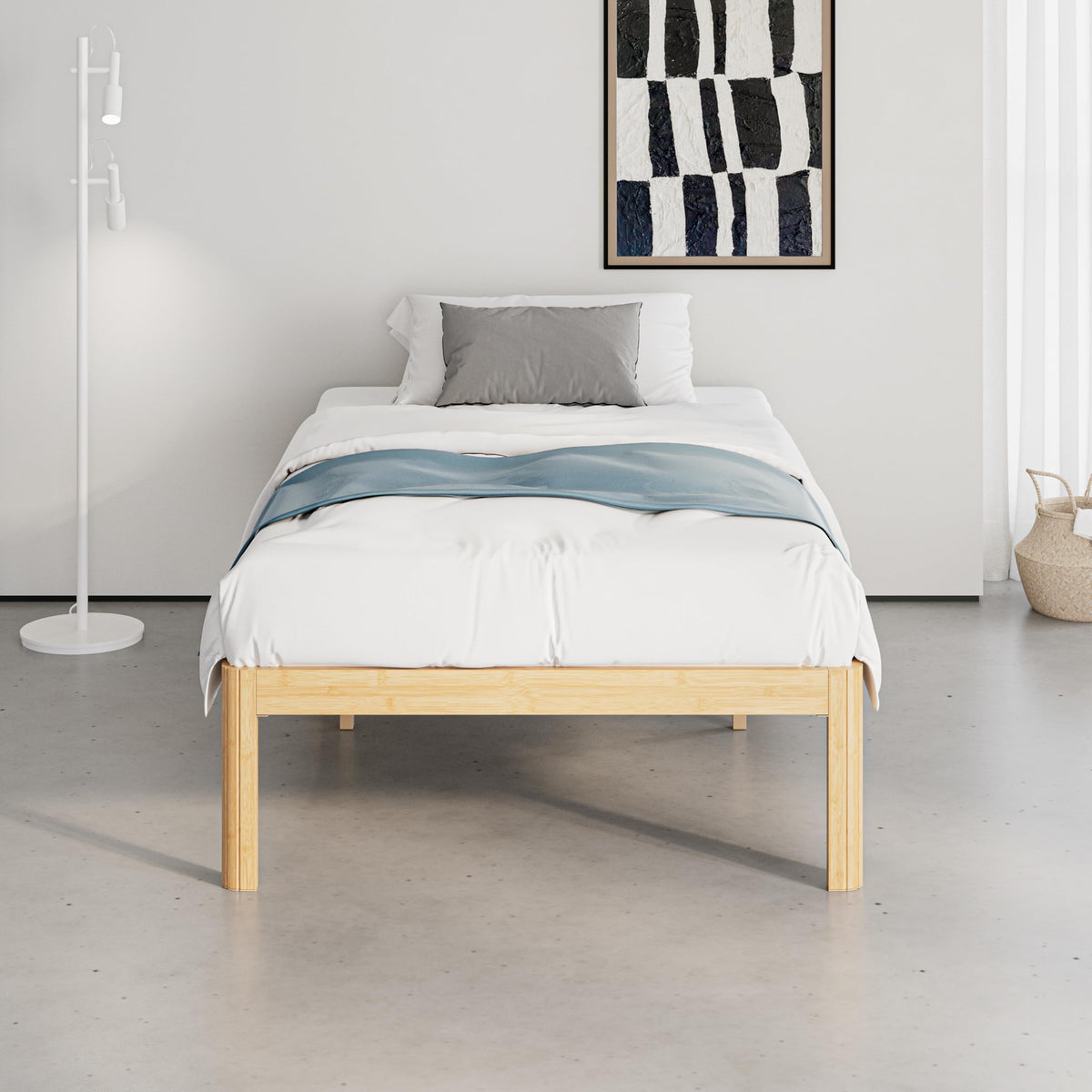 QFtime Bamboo Wood Single Bed Frame, Platform Bed Frame Single with Metal Slats Support, Easy to Install, Noise Free, Sturdy, 44 cm High