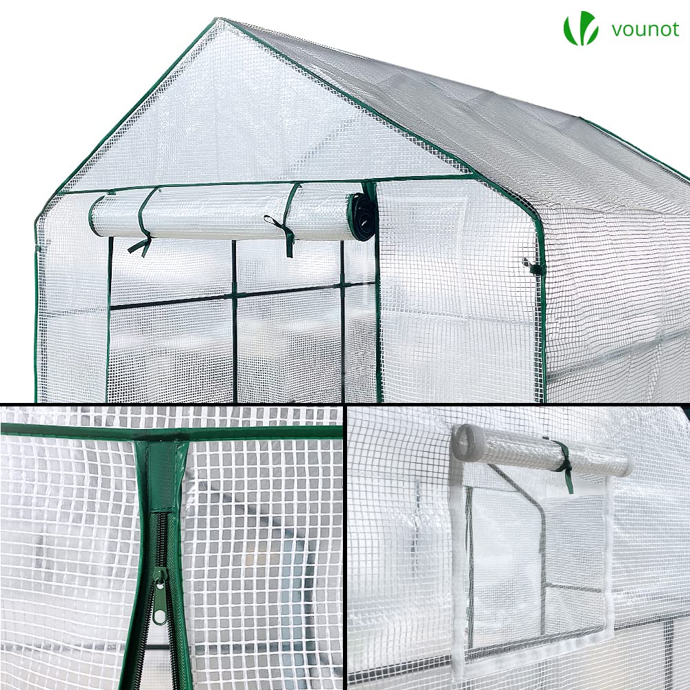 VOUNOT? Walk In Greenhouse with Shelves, Roll up Zip Panel Door Garden Plastic Polytunnels Grow House for Outdoor Use, White 143x215x195cm