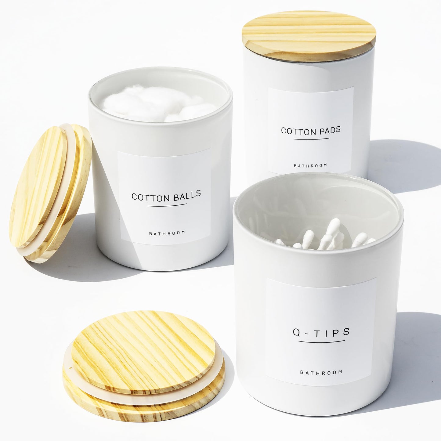 Ezebesta 3PCS Farmhouse 400ml White Bathroom Canisters with 12 Labels & Wooden Lid Thick Glass Jar Set Qtip Holder for Cotton Ball & Pads Storage