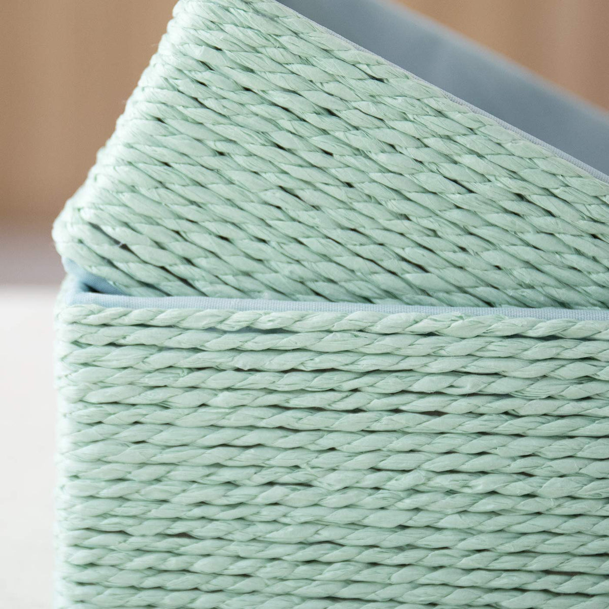 LA JOLIE MUSE Paper Rope Woven Storage Basket Set of 4 with Fabric Liner, Stackable Multipurpose Organizer Bin, Mint Green