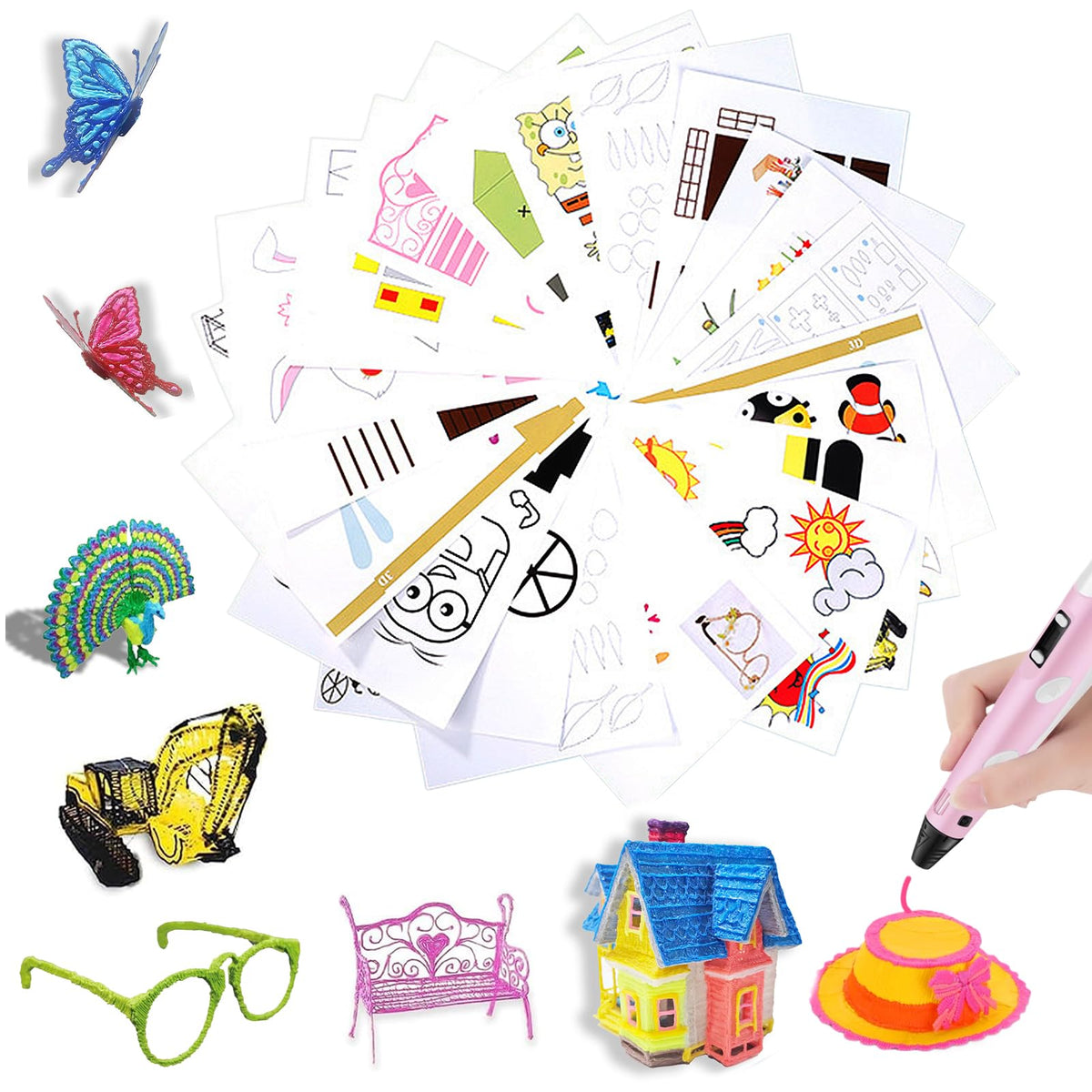 3D Pen Printing Drawing Book, Reusable Colorful 50 Patterns Thick Paper Template with a Clear Plate - 3D Graffiti Stencils Book for Kids, Children's