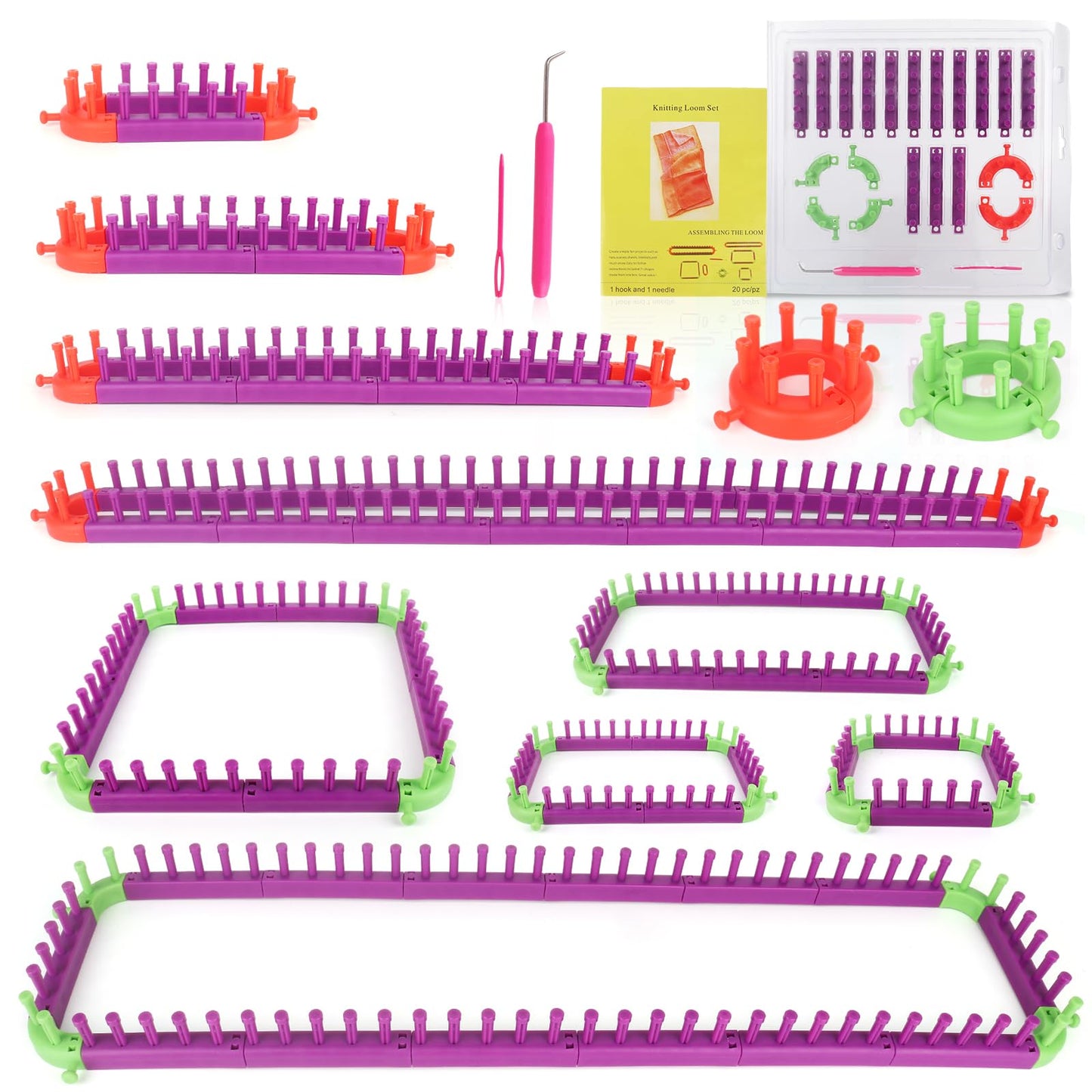 Reessy Knitting Loom with Instruction, Hook and Needle, Flexible Plastic Knitting Loom Set for Adults Kids, Square and Round Knit Looms kit for Hat,