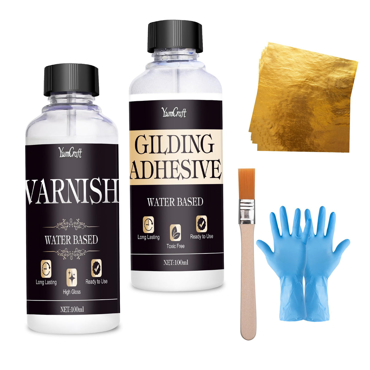Gilding Adhesive Set, 100ml Gilding Adhesive and 100ml Gloss Varnish and 100pcs Sheets, 1 Brushes, Gold Foil Gilding Kit, Gold Leaf Kit for Craft,