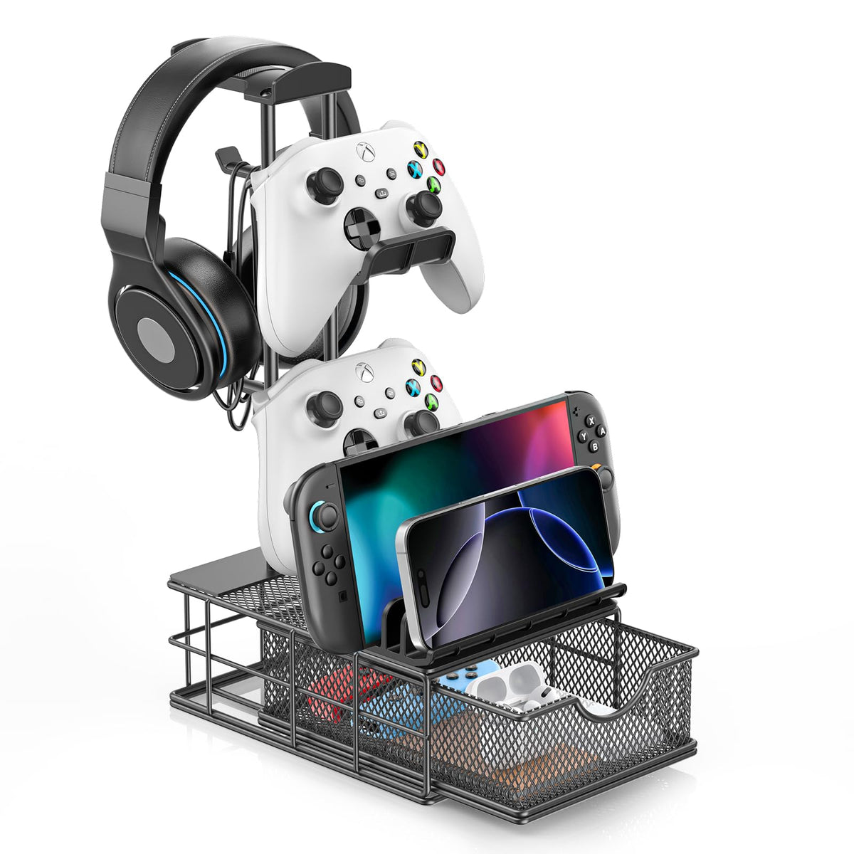 KDD Headphone Stand with Drawer & Cable Organizer - Controller Stand Holder for Desk, Aluminum Supporting Bar Earphone Stand - Universal Headset