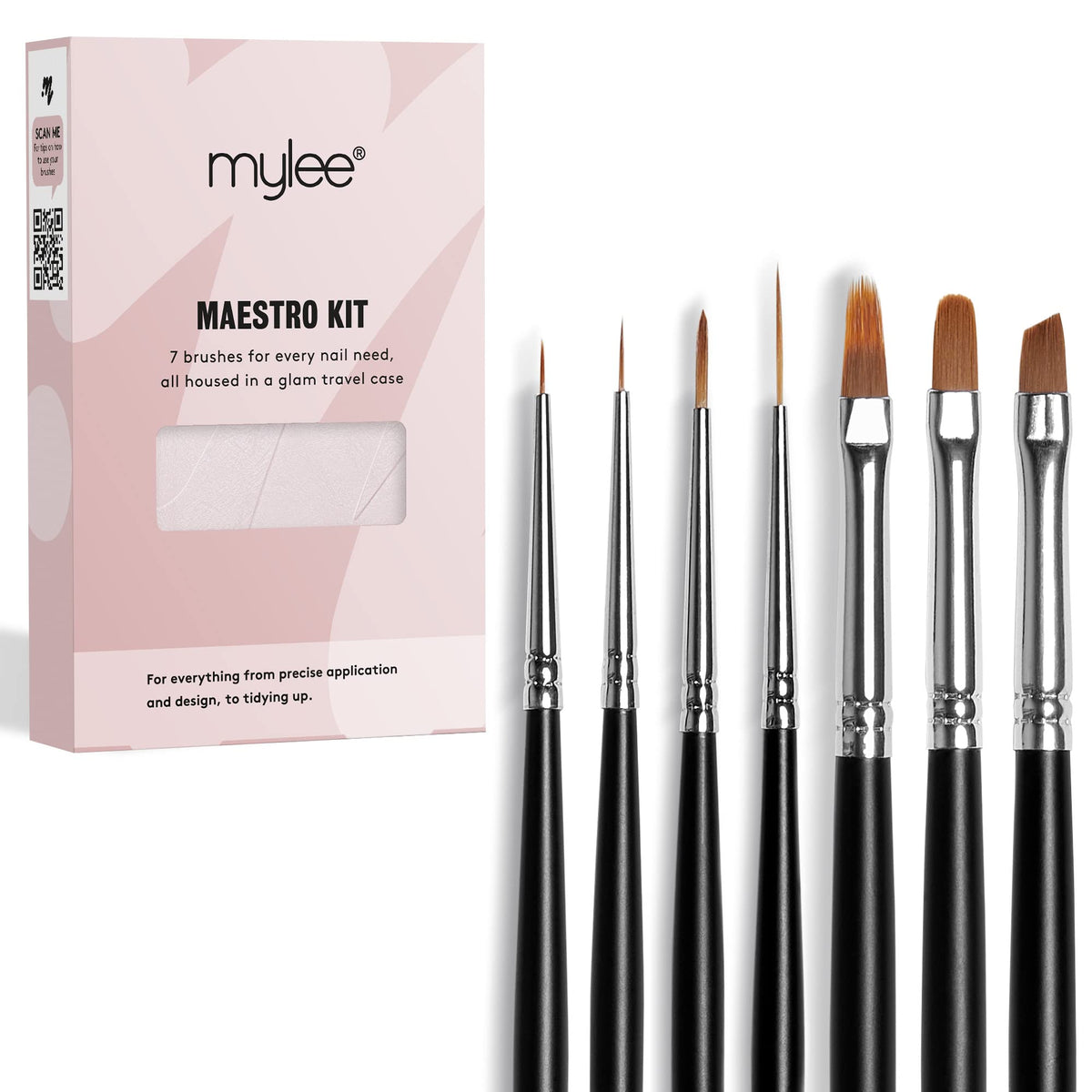 Mylee Maestro Nail Brush Kit, 7x Brushes Design for Gel Nail Art & Polish Application, Oval, Angled, Ombre, Fine, Professional Quality Manicure