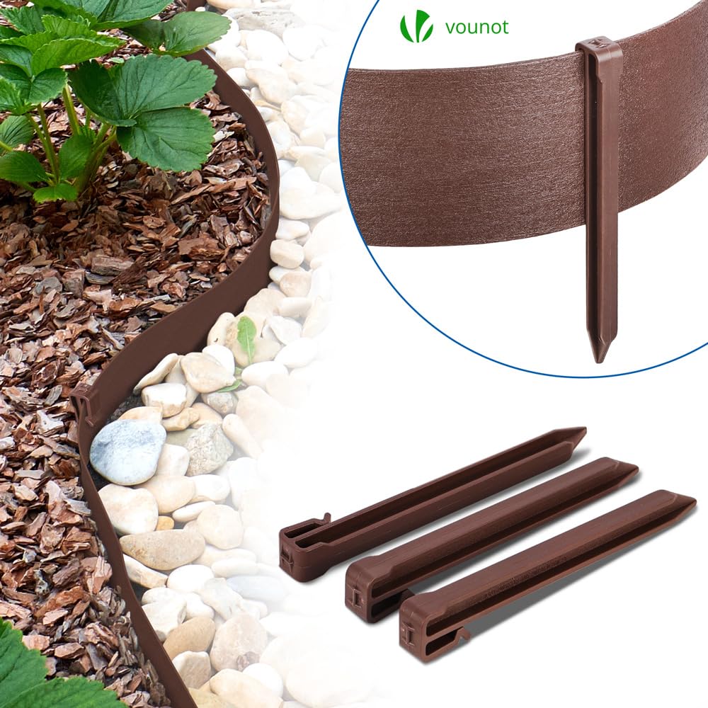 VOUNOT PE Garden Edging 20 Metres with 12 Anchor Pegs Flexible Lawn Edging Natural Look Height 13 cm Thickness 4 mm Brown