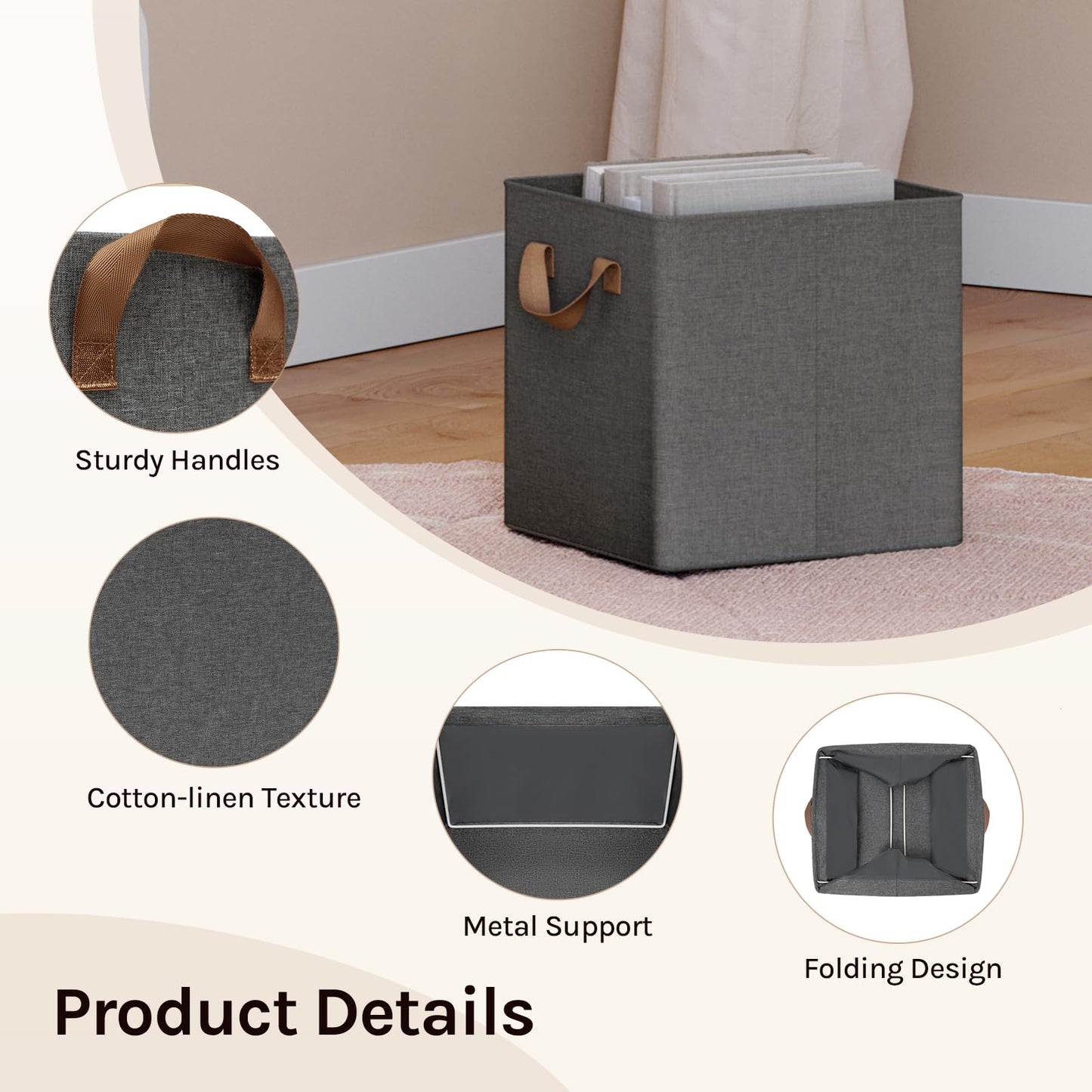 WOLTU Fabric Storage Boxes Set of 3, Collapsible Cube Baskets with Handles and Metal Frame, Wardrobe Organisers for Bedroom, Living Room, Study