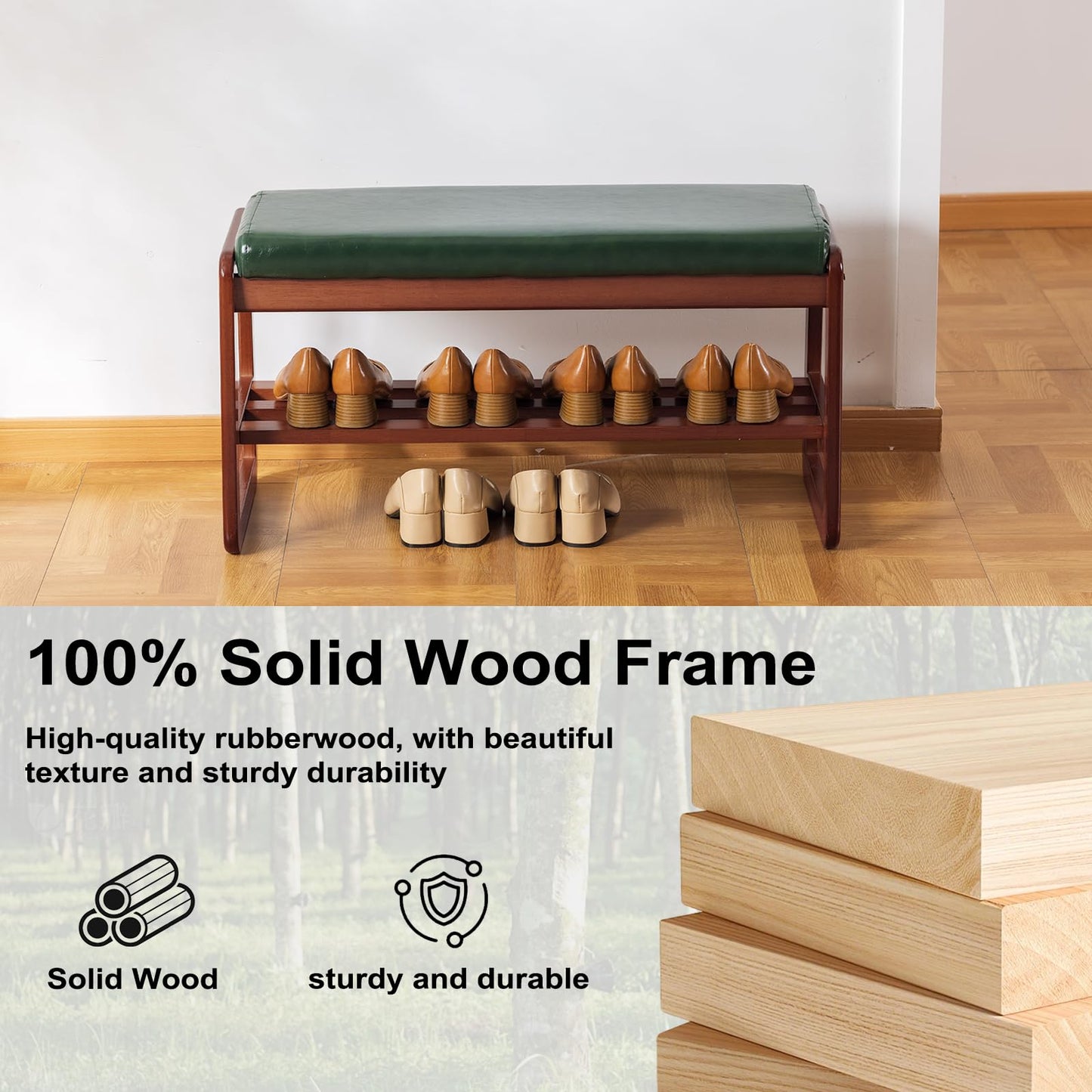 SOBIBO Solid Wood Shoe Bench, 2-Tier Wooden Storage Entryway, End of Bed Bench with Faux Leather Cushion for Hallway, Living Room