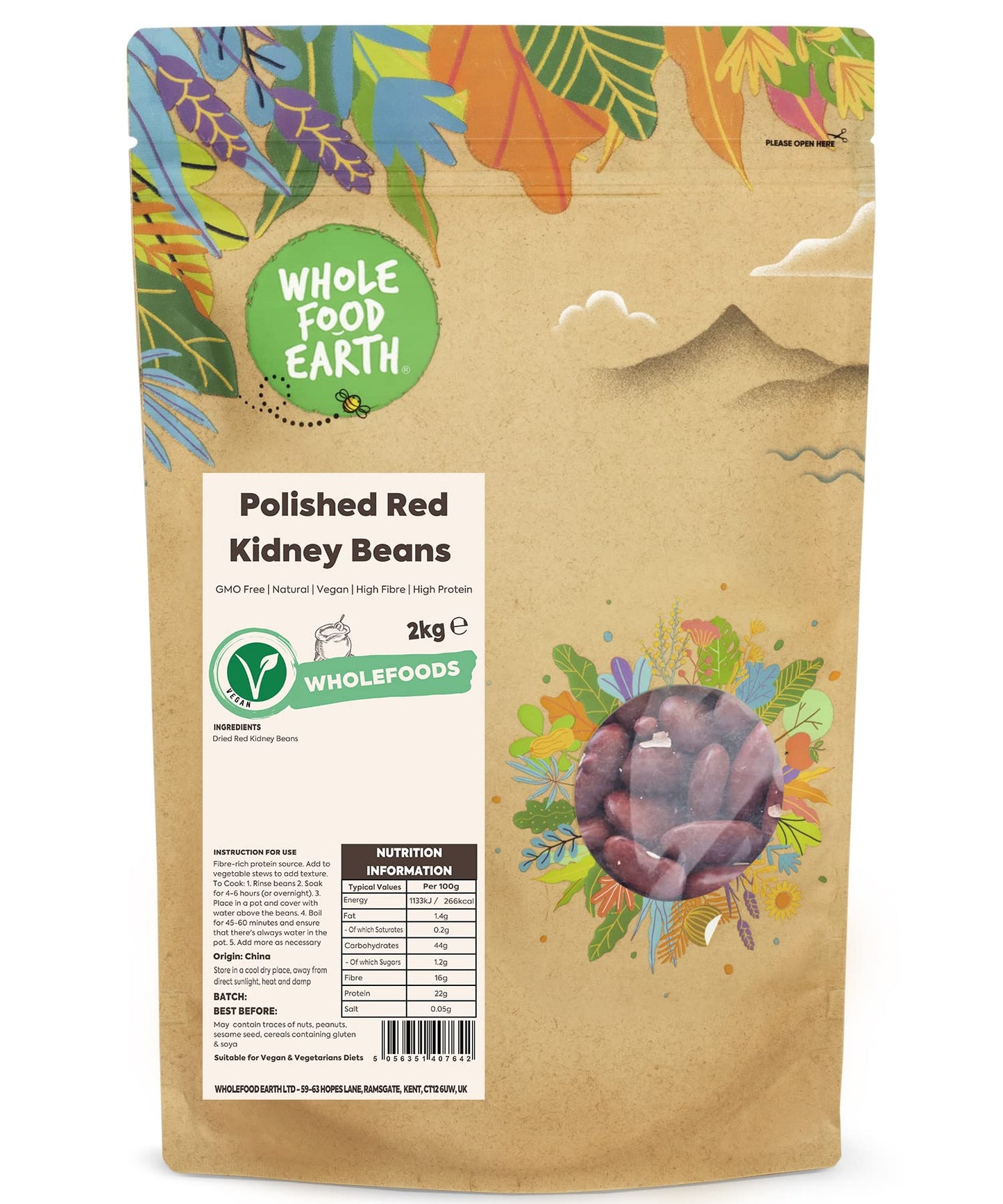 Wholefood Earth Polished Red Kidney Beans 2 kg | GMO Free | Natural | High Fibre | High Protein