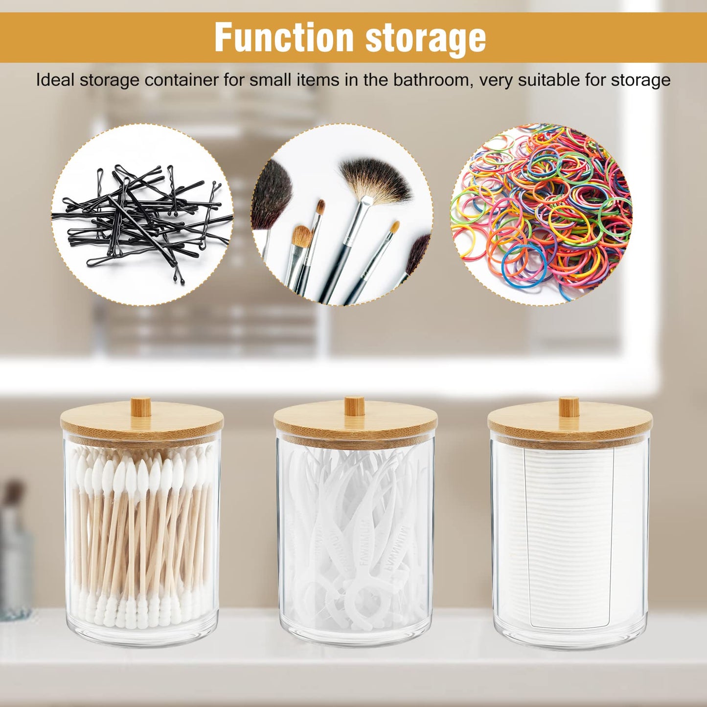 Gukasxi 3 Pack Acrylic Qtip Holder with Bamboo Lids Bathroom Canisters Jars Dispenser Cotton Swab Balls Pads Holder for Bathroom Storage Organizer