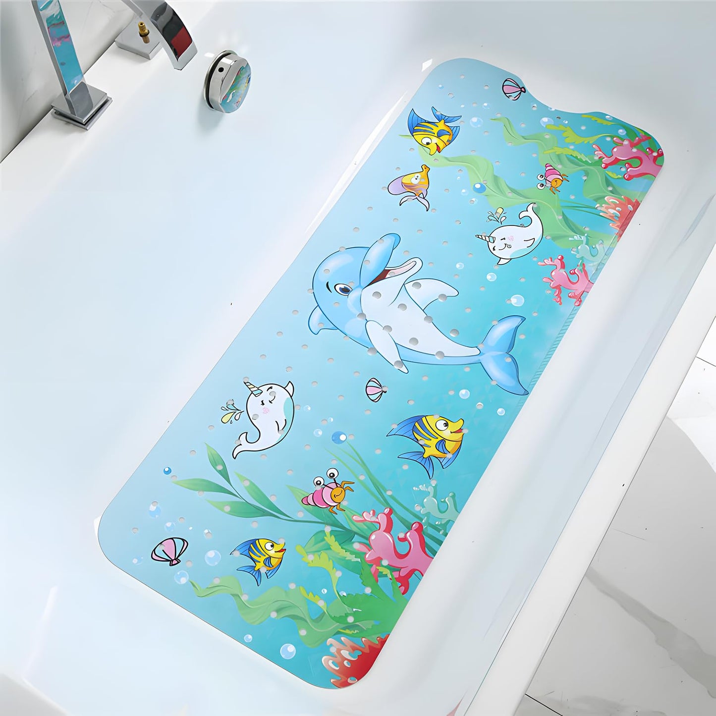 Baby Bath Mat Non Slip Anti Mould, Extra Long Bath Shower Tub Mat with Suction Cups and Drain Holes, Cartoon Patterned Kids Shower Mats, Machine