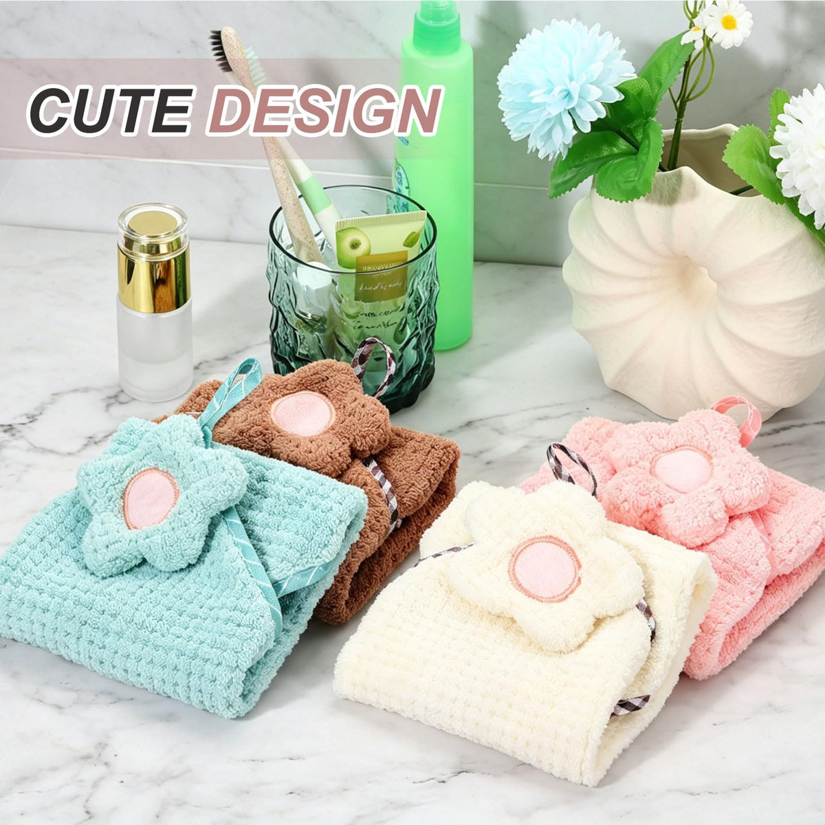 sourcing map 2Pcs Hand Towel, Soft Coral Fleece Hand Towels with Hanging Loop Decorative Flower Pattern Quick-Drying and Washable for Home Bathroom