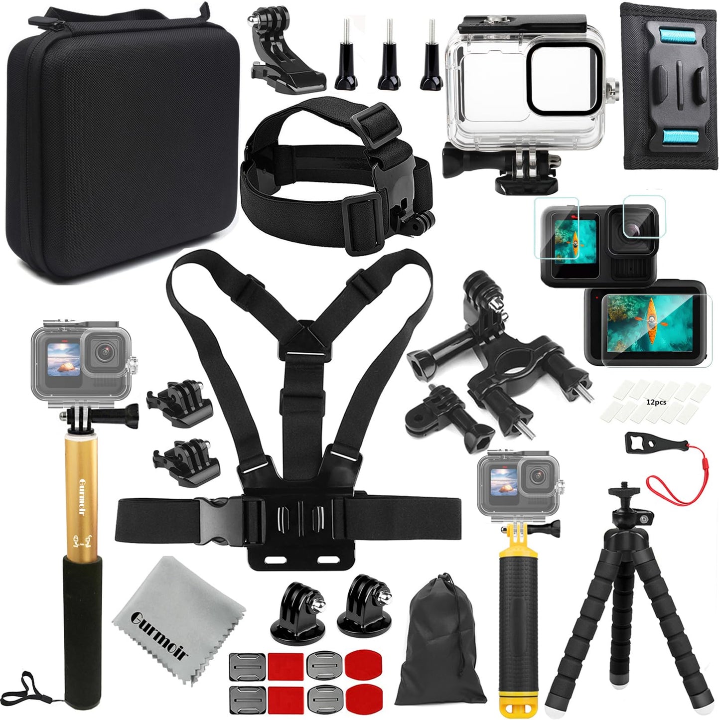 Gurmoir Accessories Set Kit with Waterproof Case for Go Pro Hero 13 12 11 10 9 Black, Underwater Diving Housing Floating Hand Grip Screen Protector