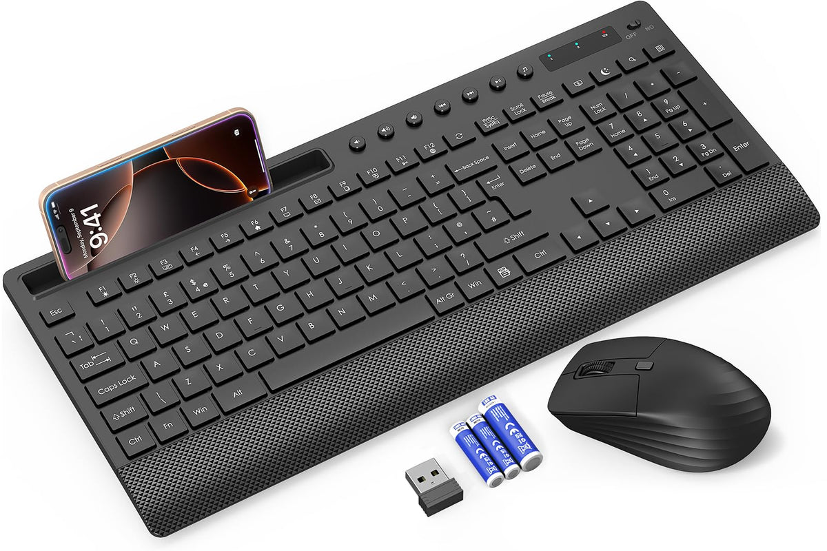 Wireless Keyboard and Mouse Combo, Full-Size 2.4GHz Quiet Keyboard with Wrist Rest, Phone Holder, Multimedia Keys, Power Switch, Cordless Set for